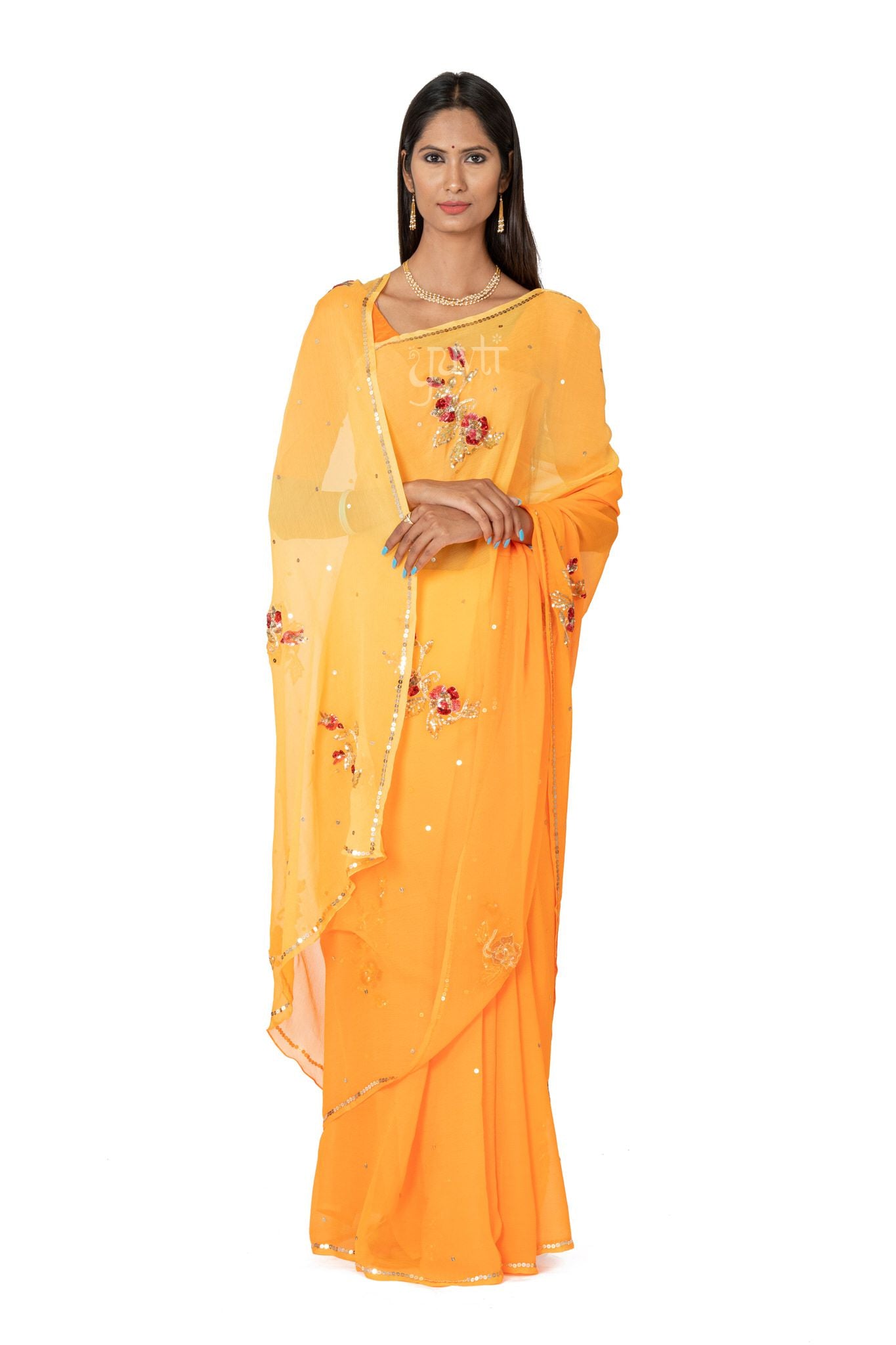 Yelow Shaded Viscose Chiffon All over Sequnce Motif Handwork Party wear Saree