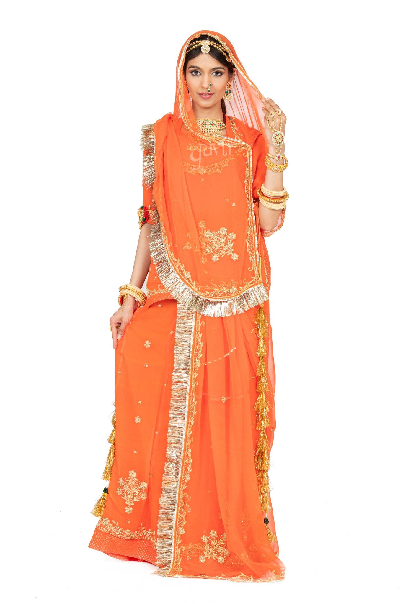 Orange pure georgette kundan gota patti handwork poshak with pure odhna