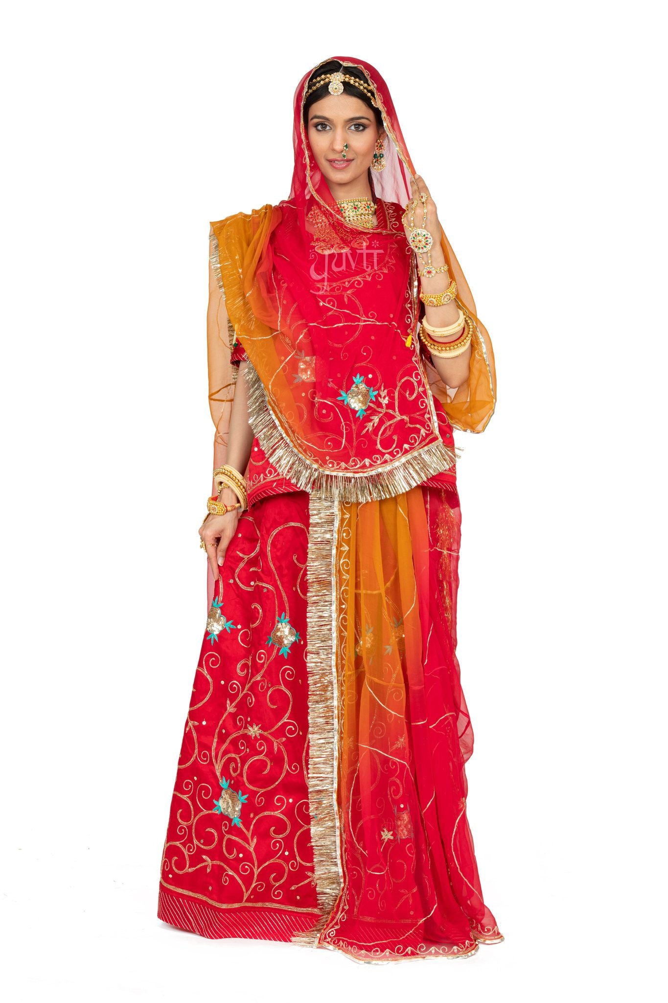 Red bamber satin aari sequins handwork poshak with pure odhna