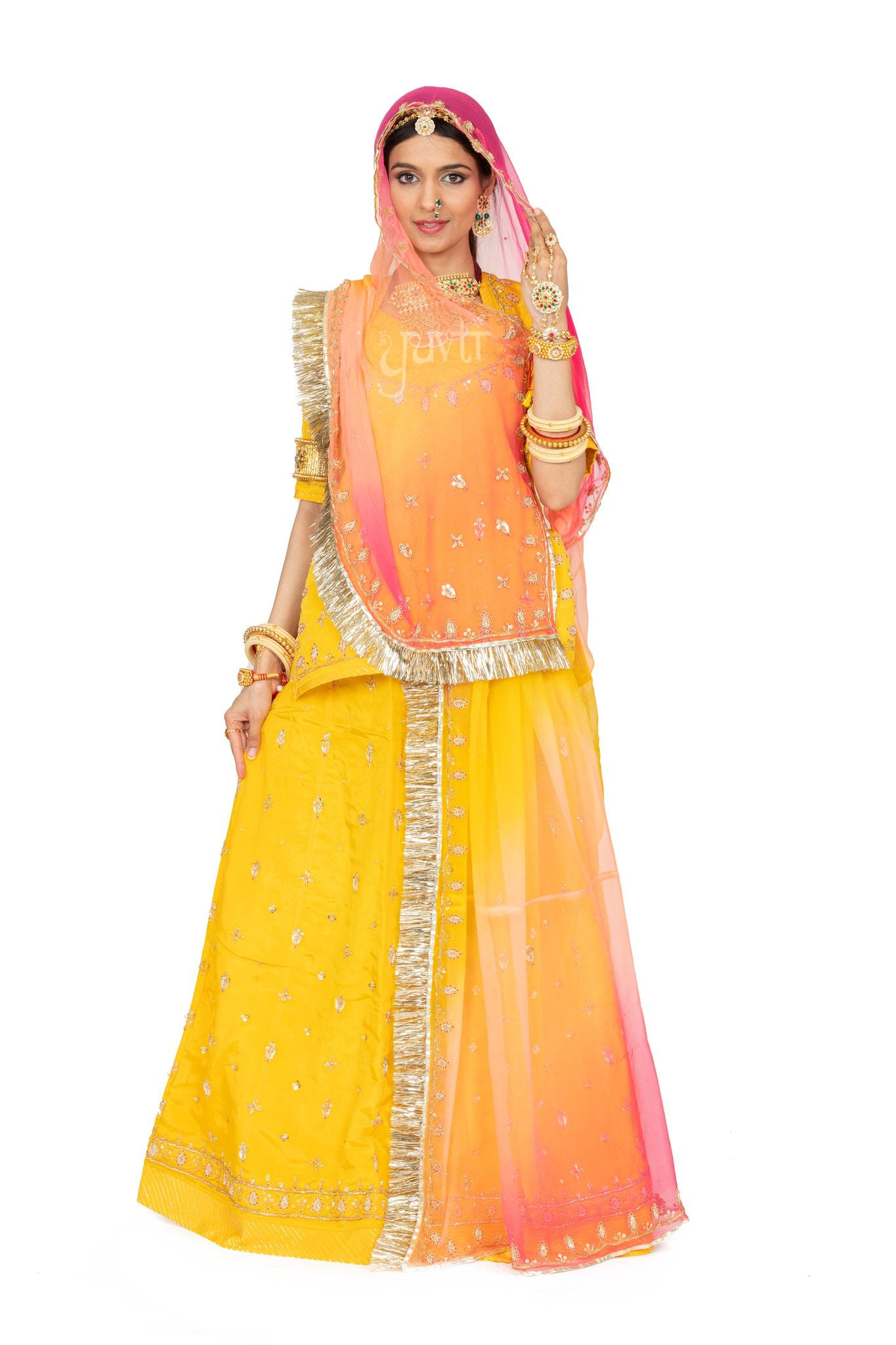 yellow bamber satin zardozi handwork poshak with pure odhna