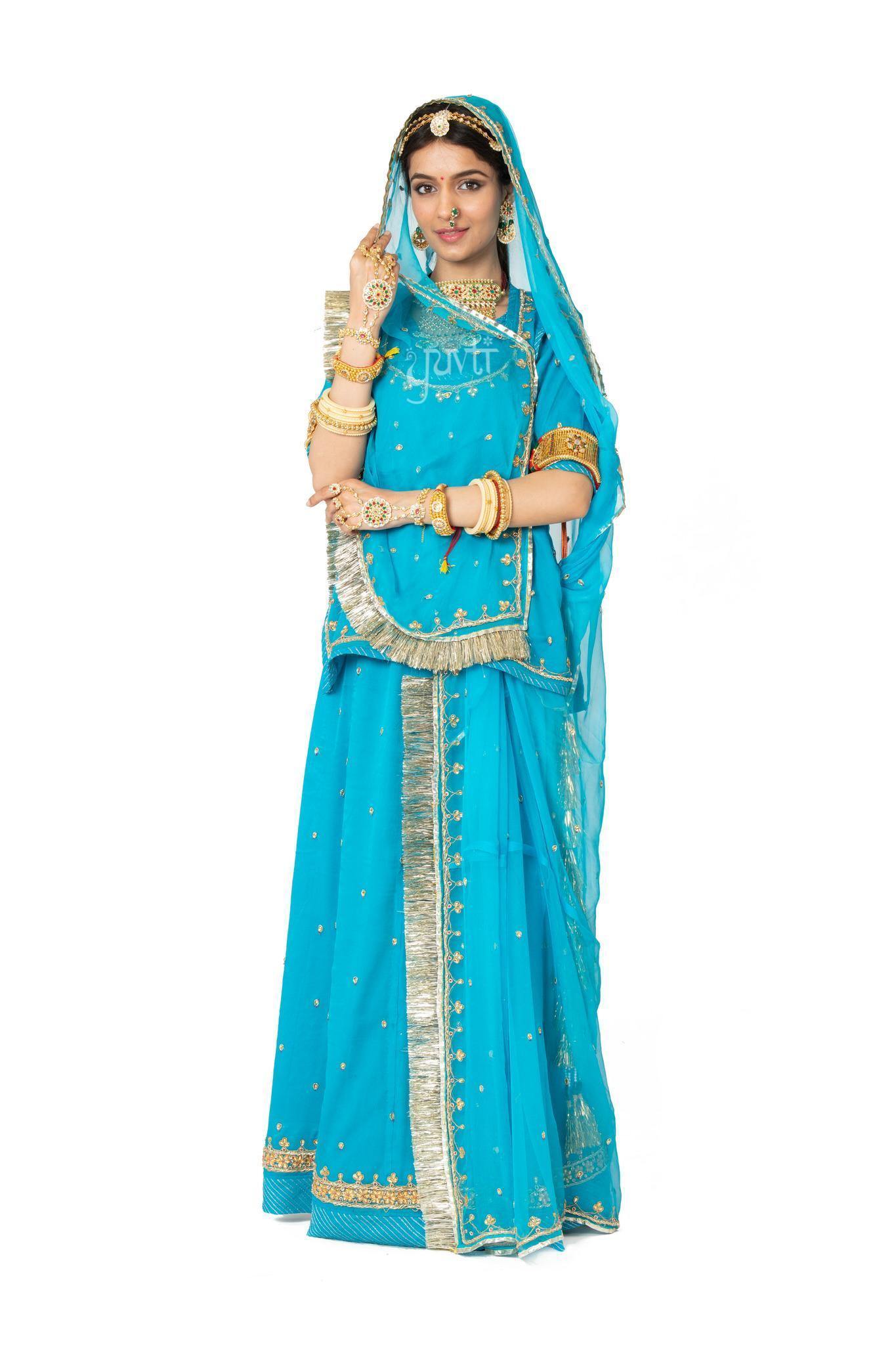 Sky blue pure georgette Kundan Gota handwork poshak with pure odhna