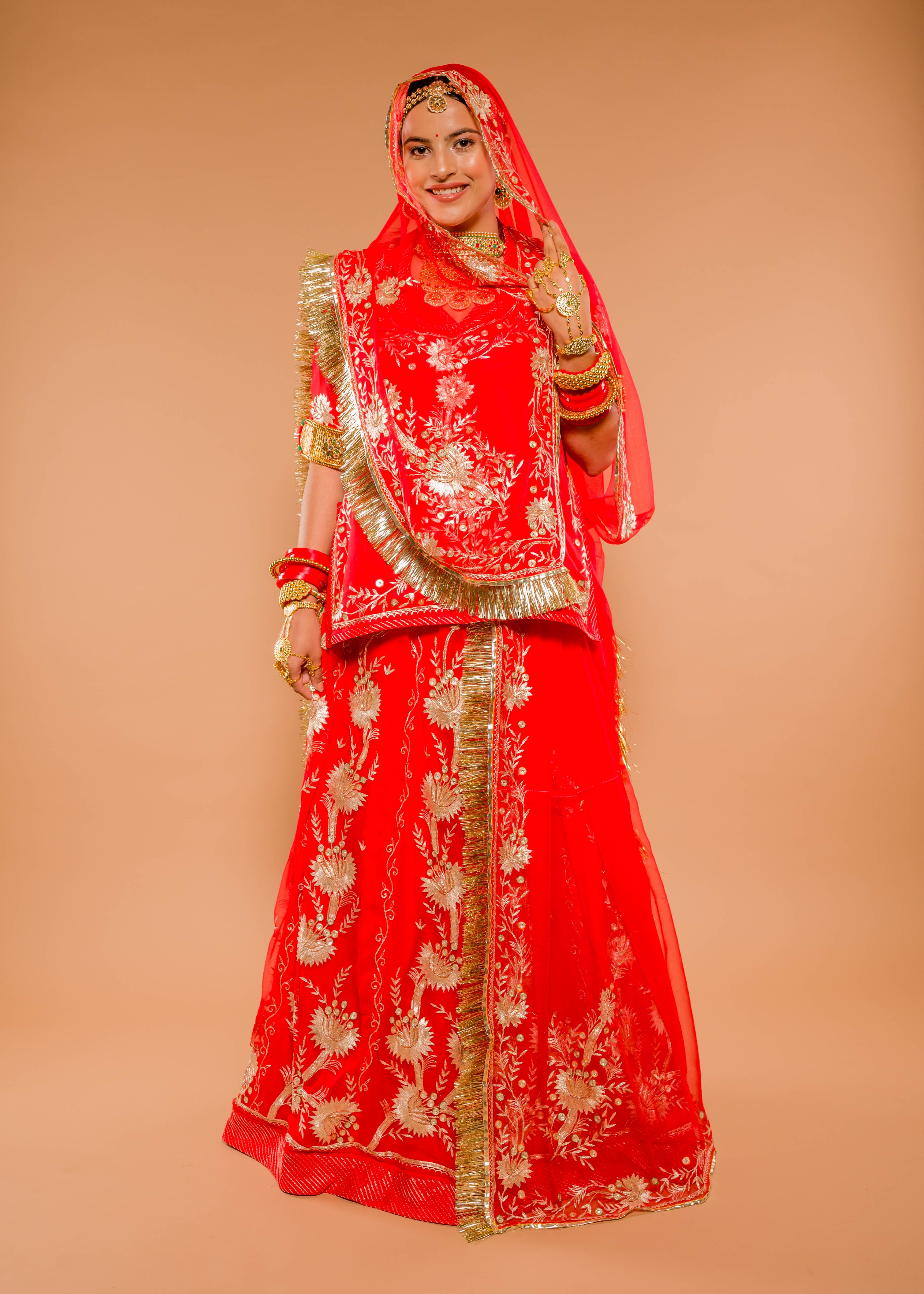 Red pure Georgette Aari resham Handwork Rajputi Poshak with Pure odhna