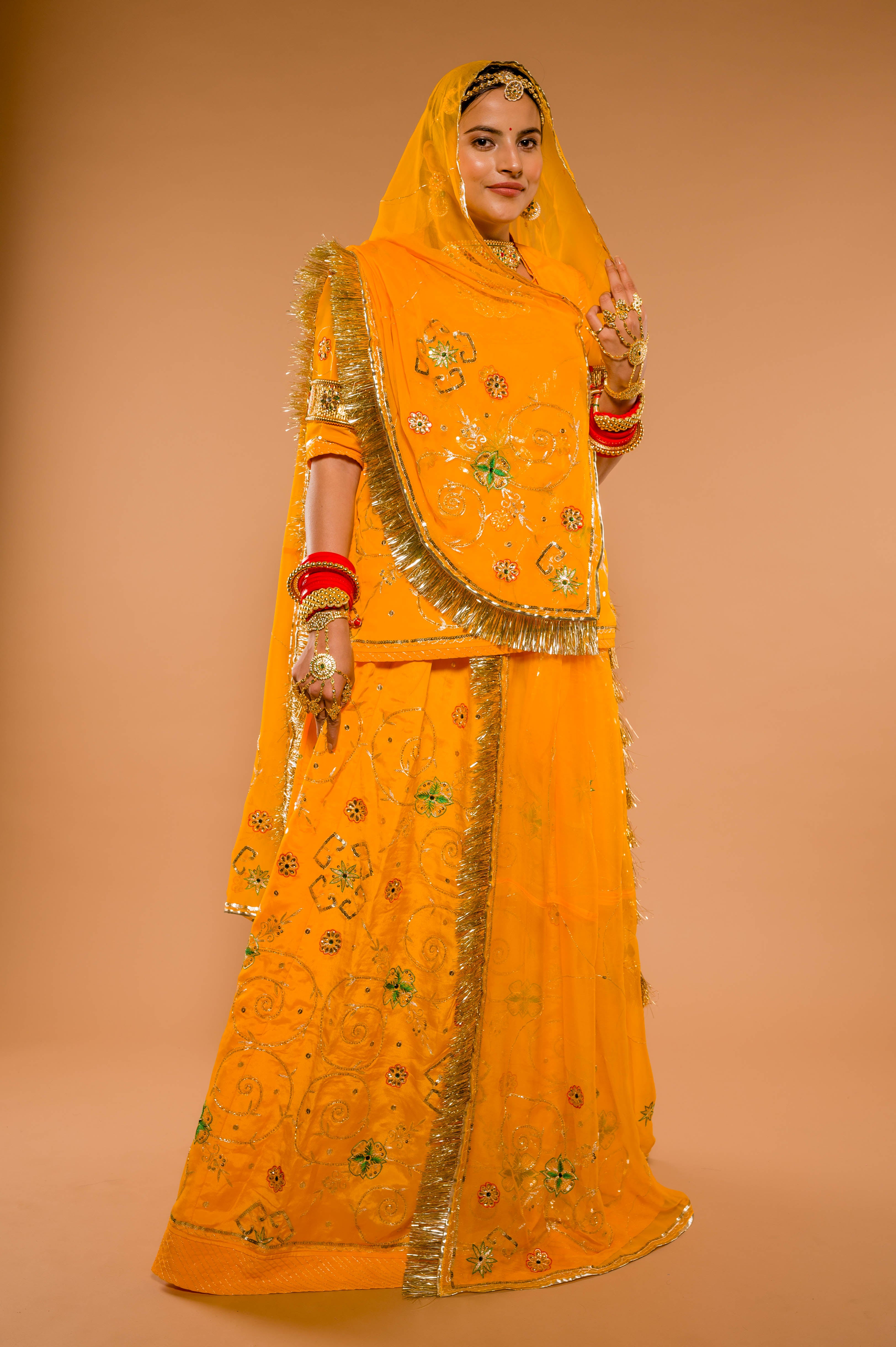 Yellow bamber satin aari resham kardana Handwork Rajputi Poshak with Pure odhna