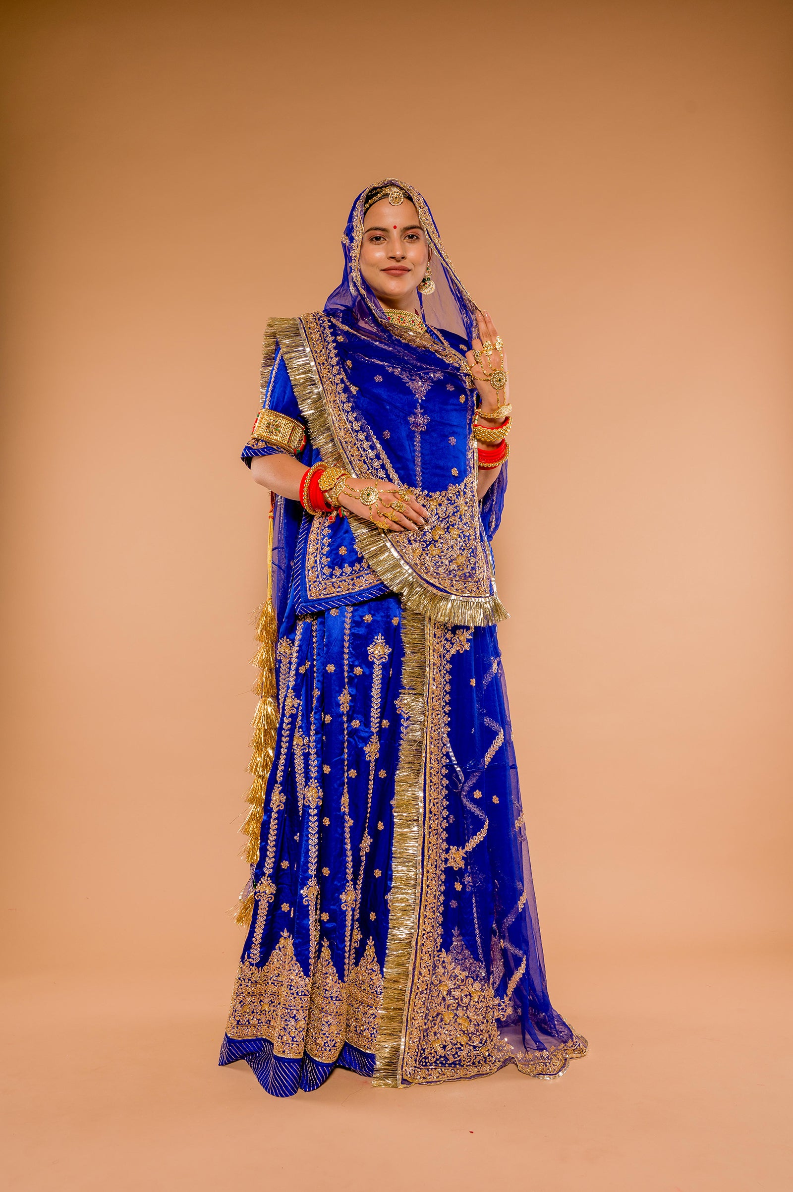 Royal Blue Pure Silk Satin zardosi Handwork Rajputi Poshak with Pure odhna