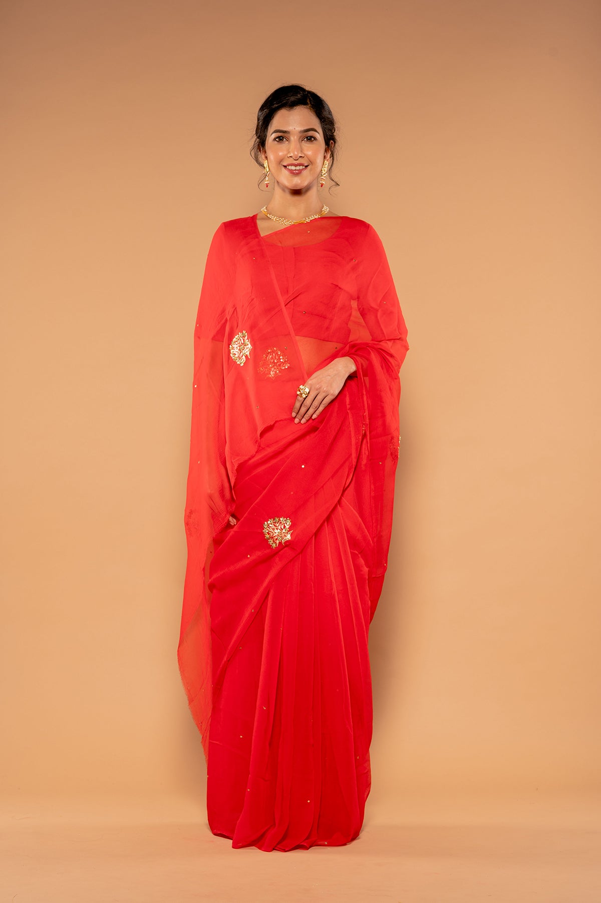 Red Viscose Chiffon Aari sequins Buti Handwork Saree