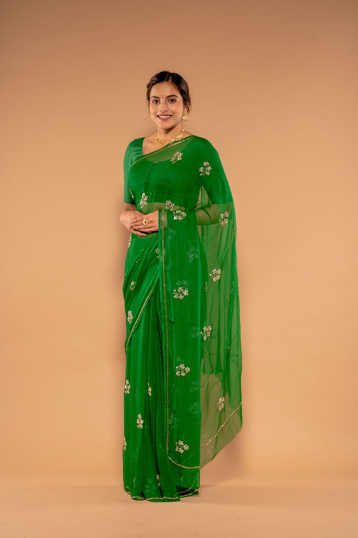 Green Viscose Chiffon Kardana sequins Handwork Saree