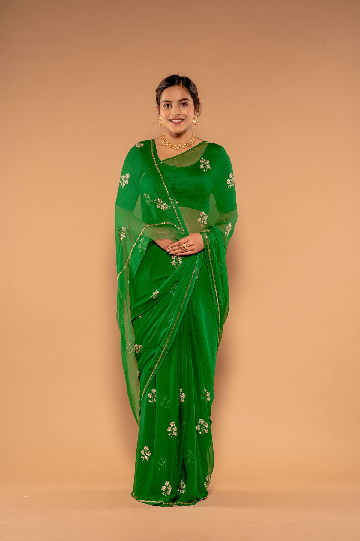 Green Viscose Chiffon Kardana sequins Handwork Saree
