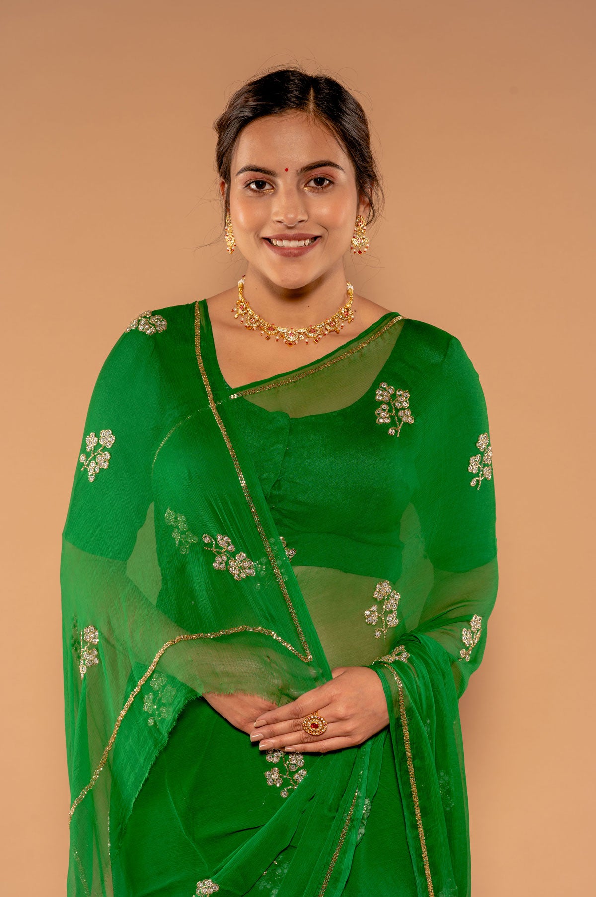 Green Viscose Chiffon Kardana sequins Handwork Saree