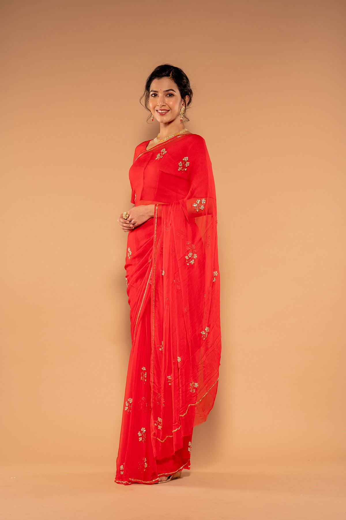 Red Viscose Chiffon Kardana sequins Handwork Saree