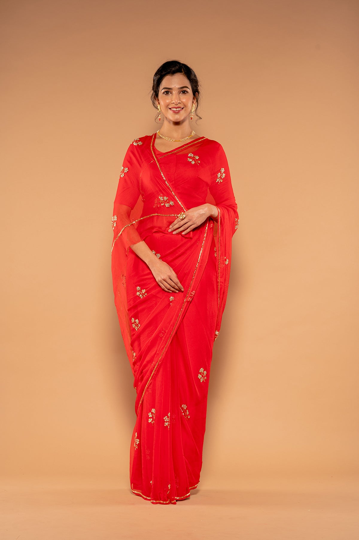 Red Viscose Chiffon Kardana sequins Handwork Saree