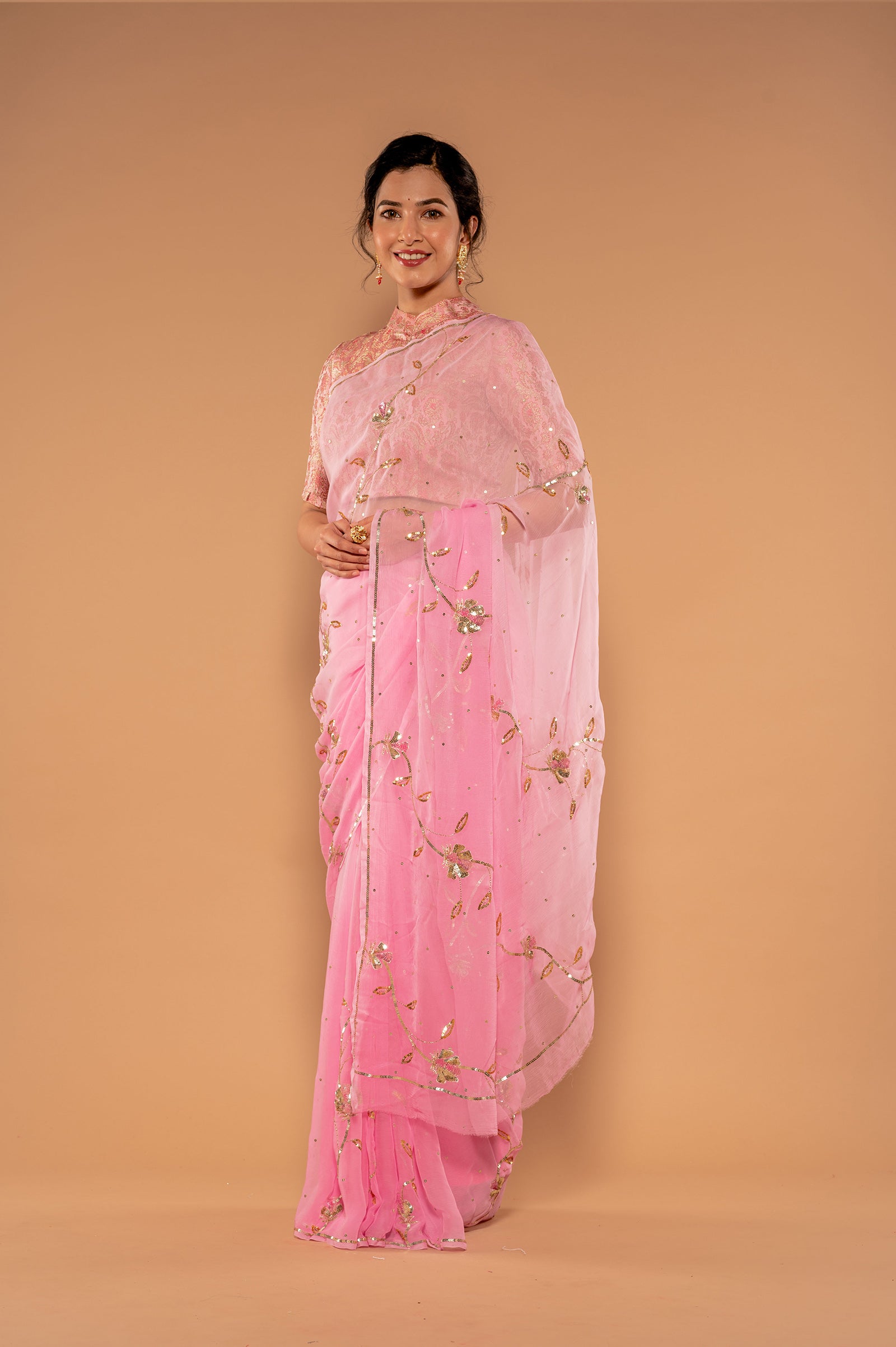 Pink light dark viscose chiffon aari sequins handwork saree