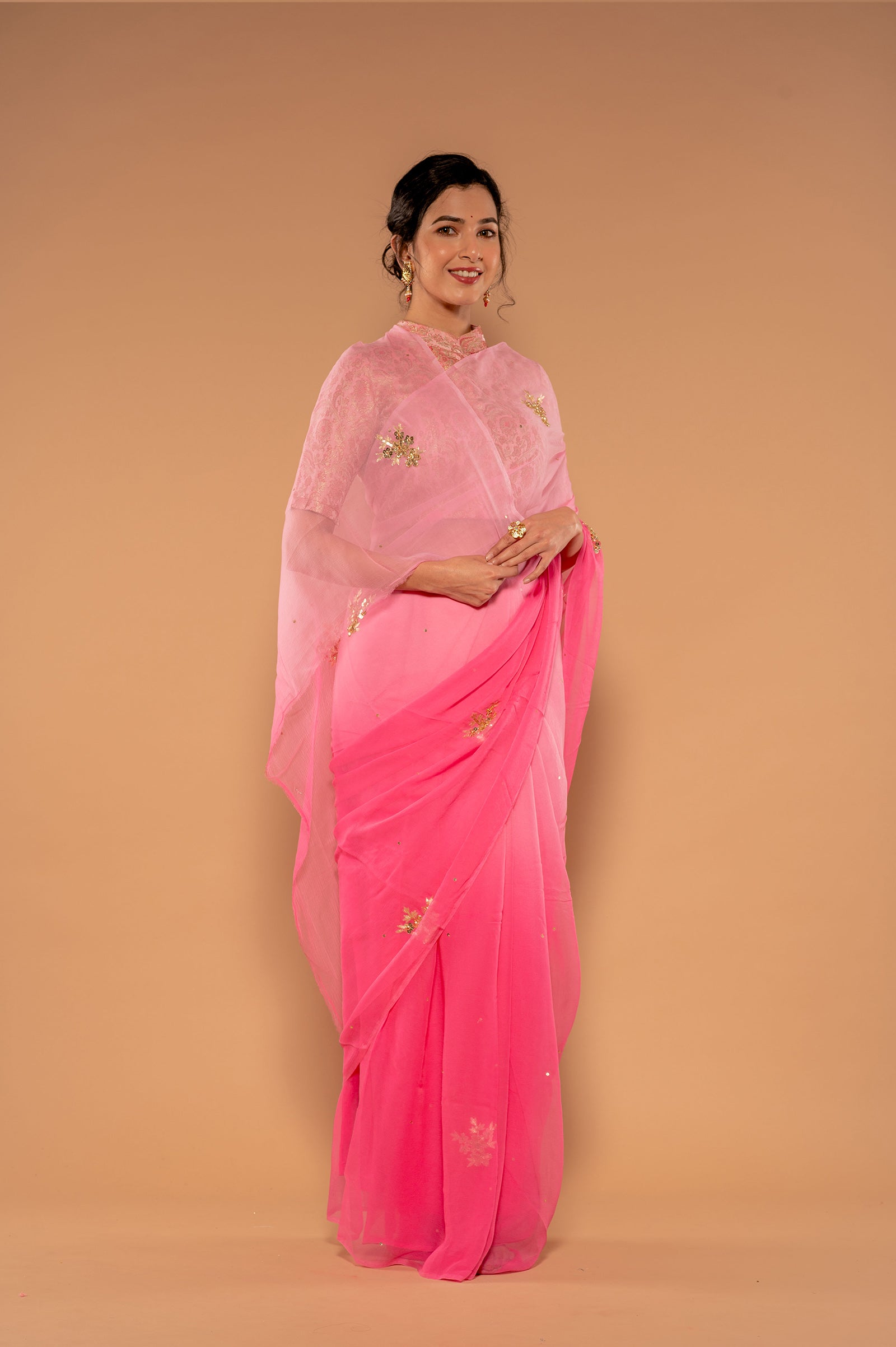 Pink light Dak Viscose Chiffon Aari Sequnece butti Handwork Saree