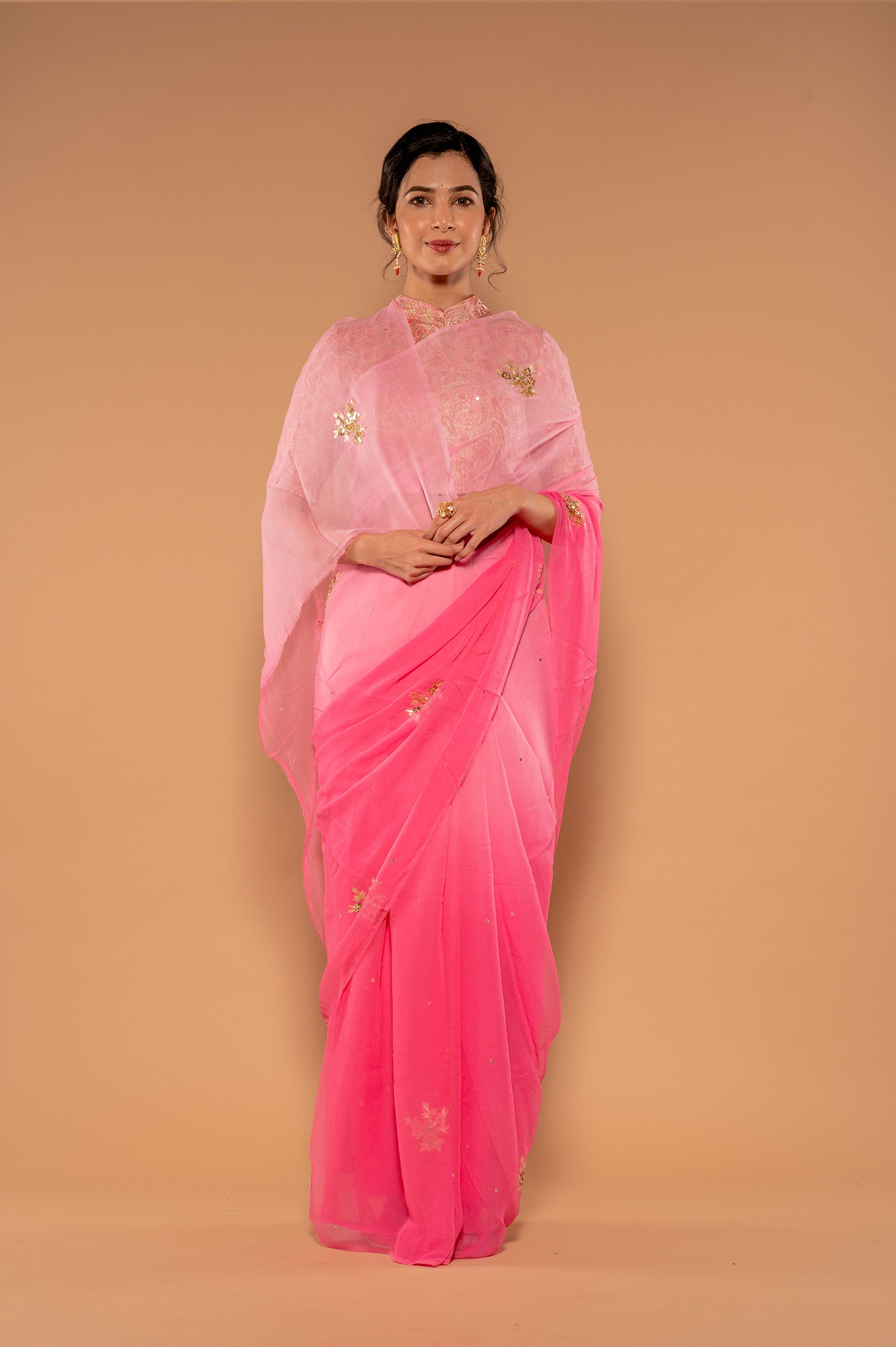Pink light Dak Viscose Chiffon Aari Sequnece butti Handwork Saree