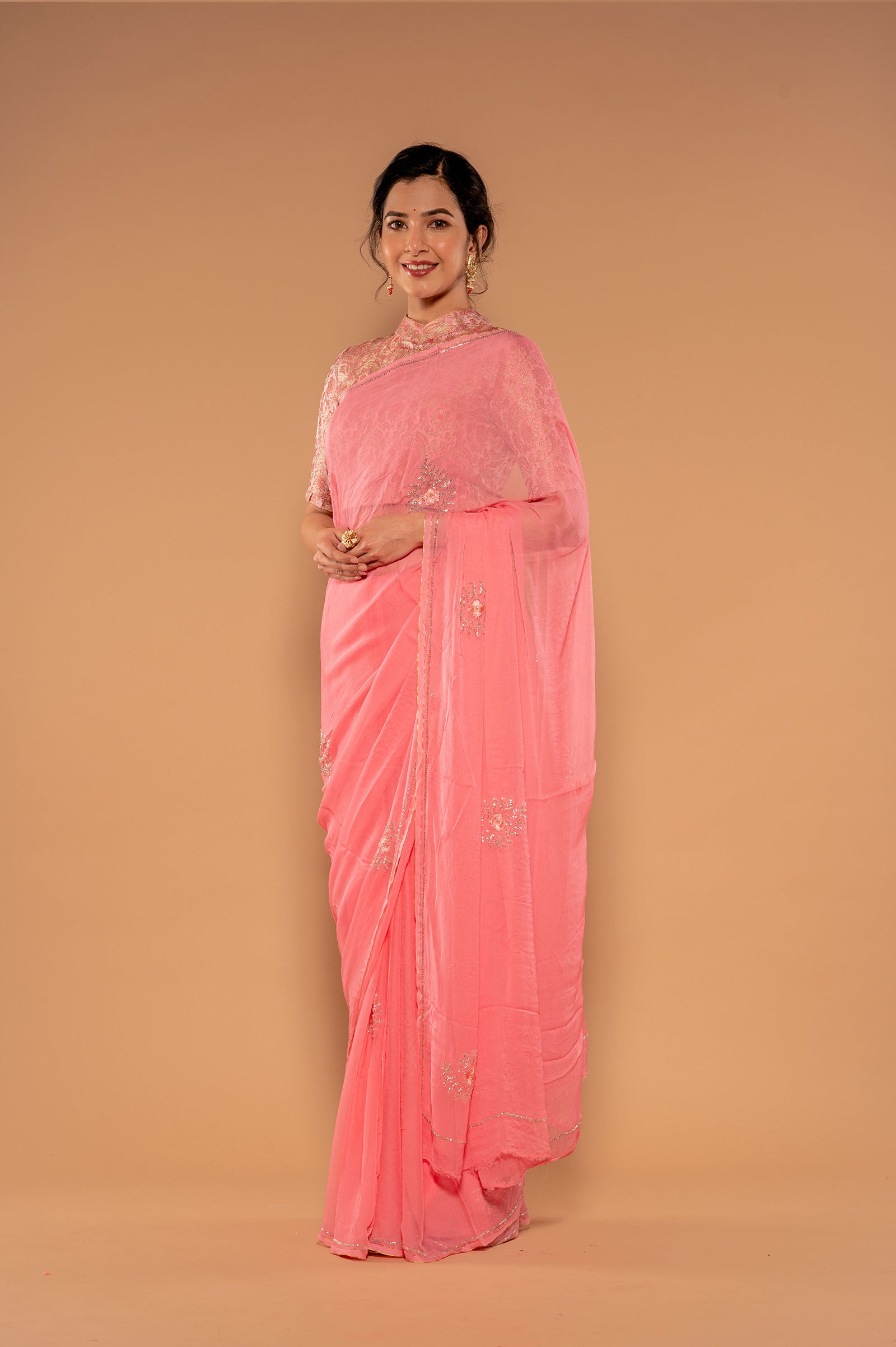 Peach Pink Viscose Chiffon Kardana Resham Motif Handwork Saree
