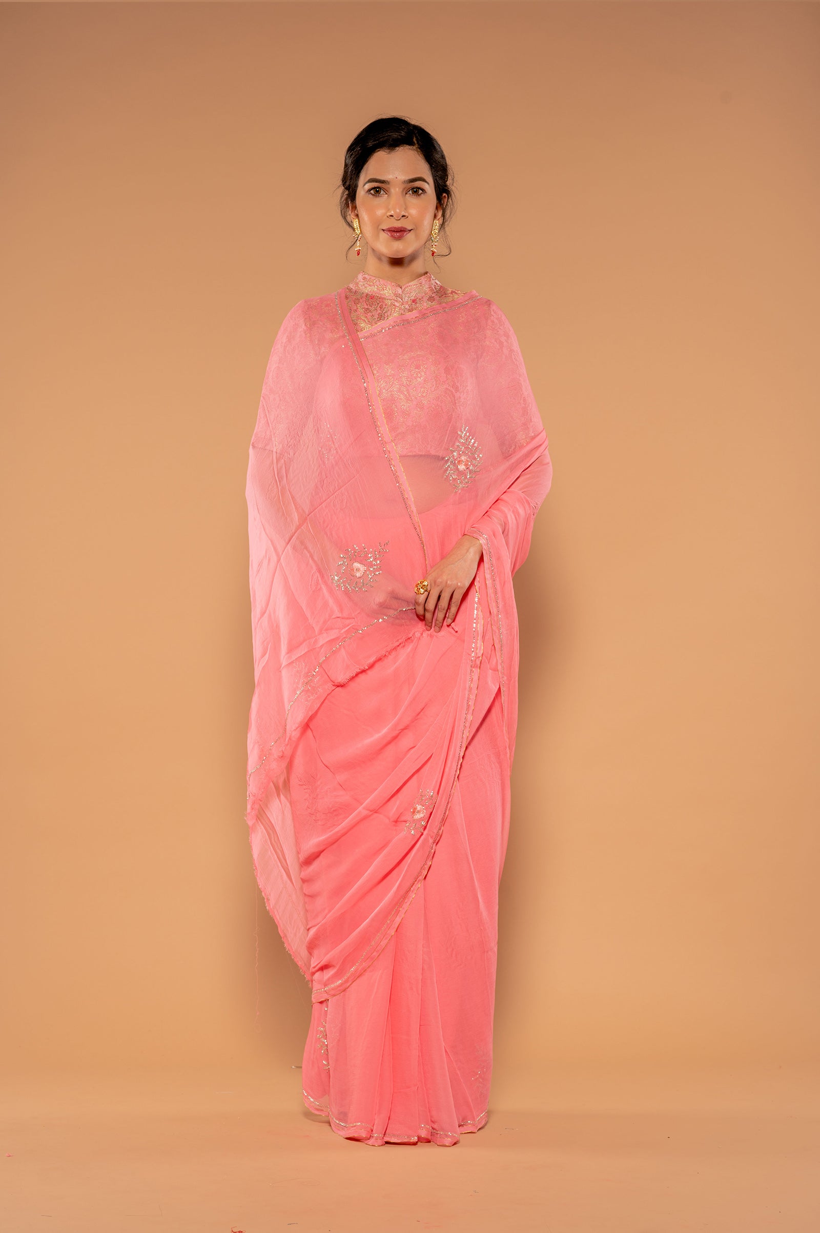 Peach Pink Viscose Chiffon Kardana Resham Motif Handwork Saree