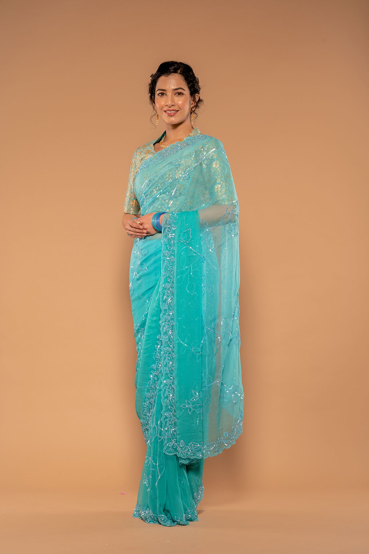 Sea Green Viscose Chiffon Siquins Jaal Handwork Party wear Saree