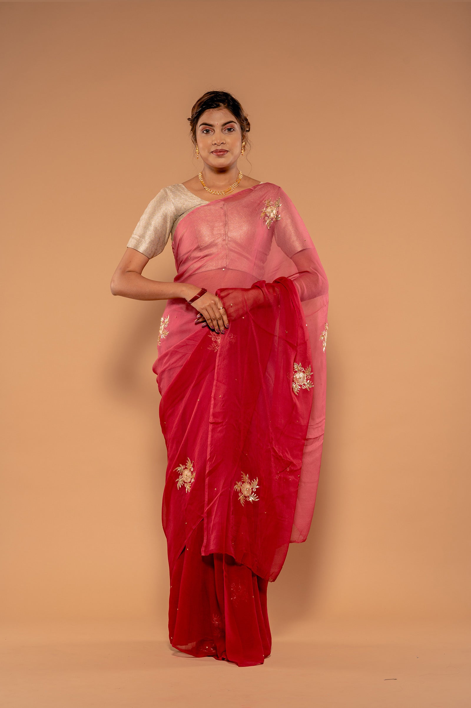Rust Wine Viscose Chiffon Aari sequins buti Handwork Saree