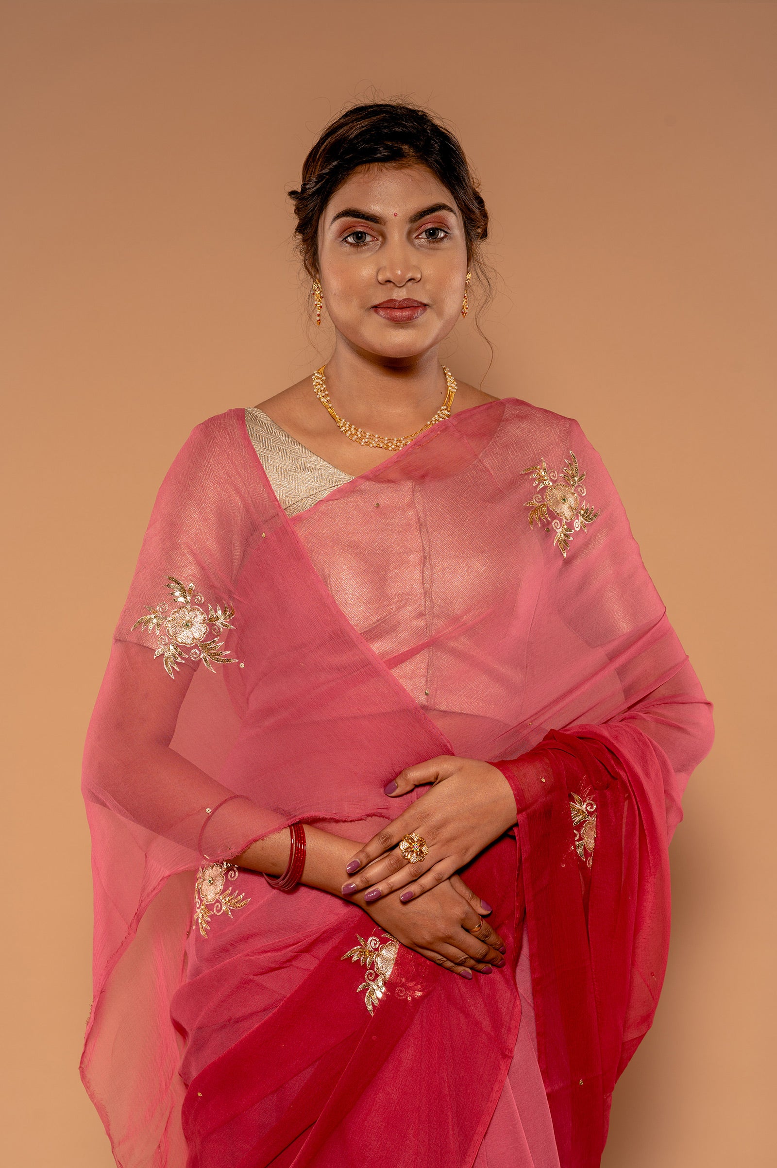 Rust Wine Viscose Chiffon Aari sequins buti Handwork Saree