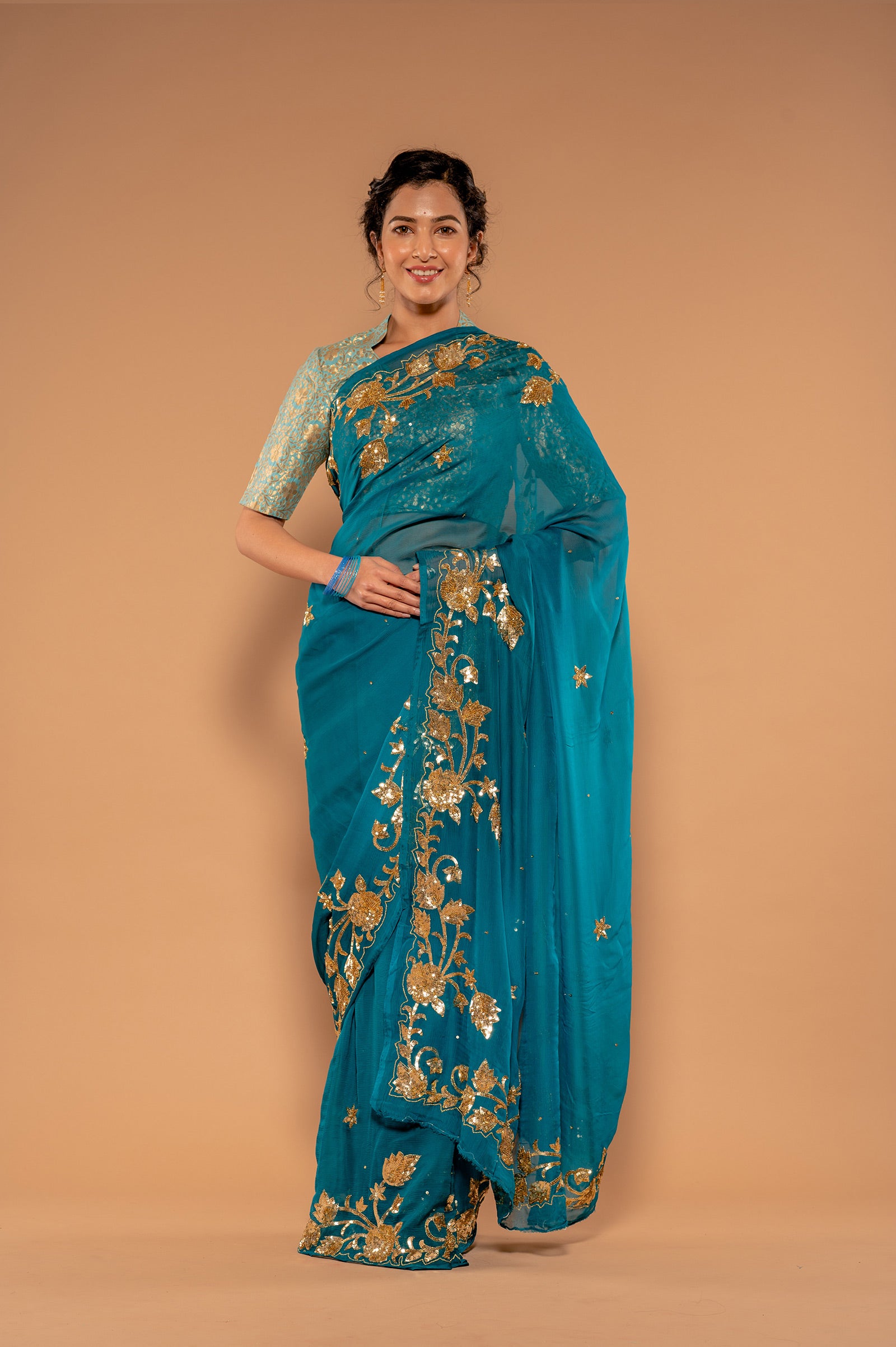 Rama Pure Chiffon Sequins Handwork Saree