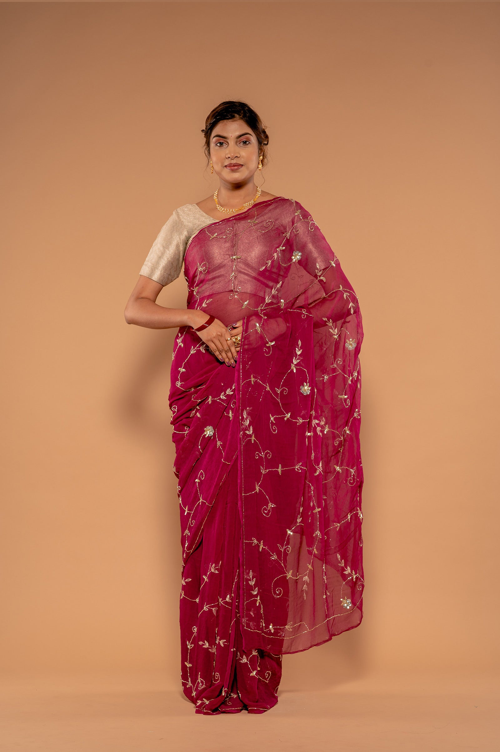 Wine Viscose Chiffon Aari sequins Jaal Handwork Saree