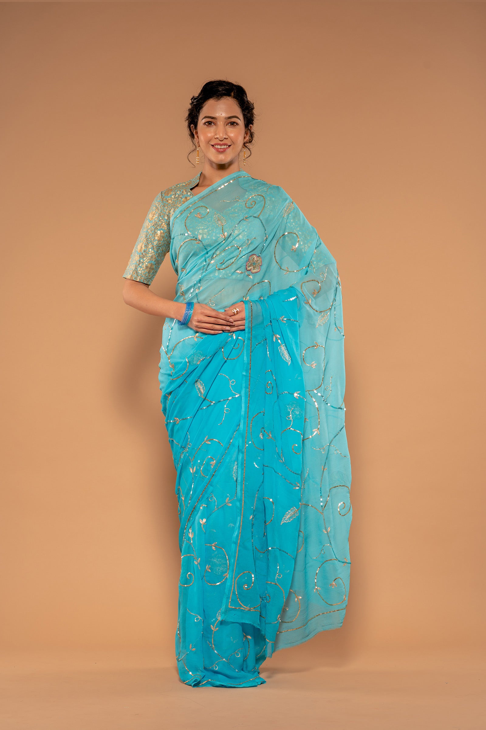 Sky Blue Viscose Chiffon Aari Sequnece jaal Handwork Saree