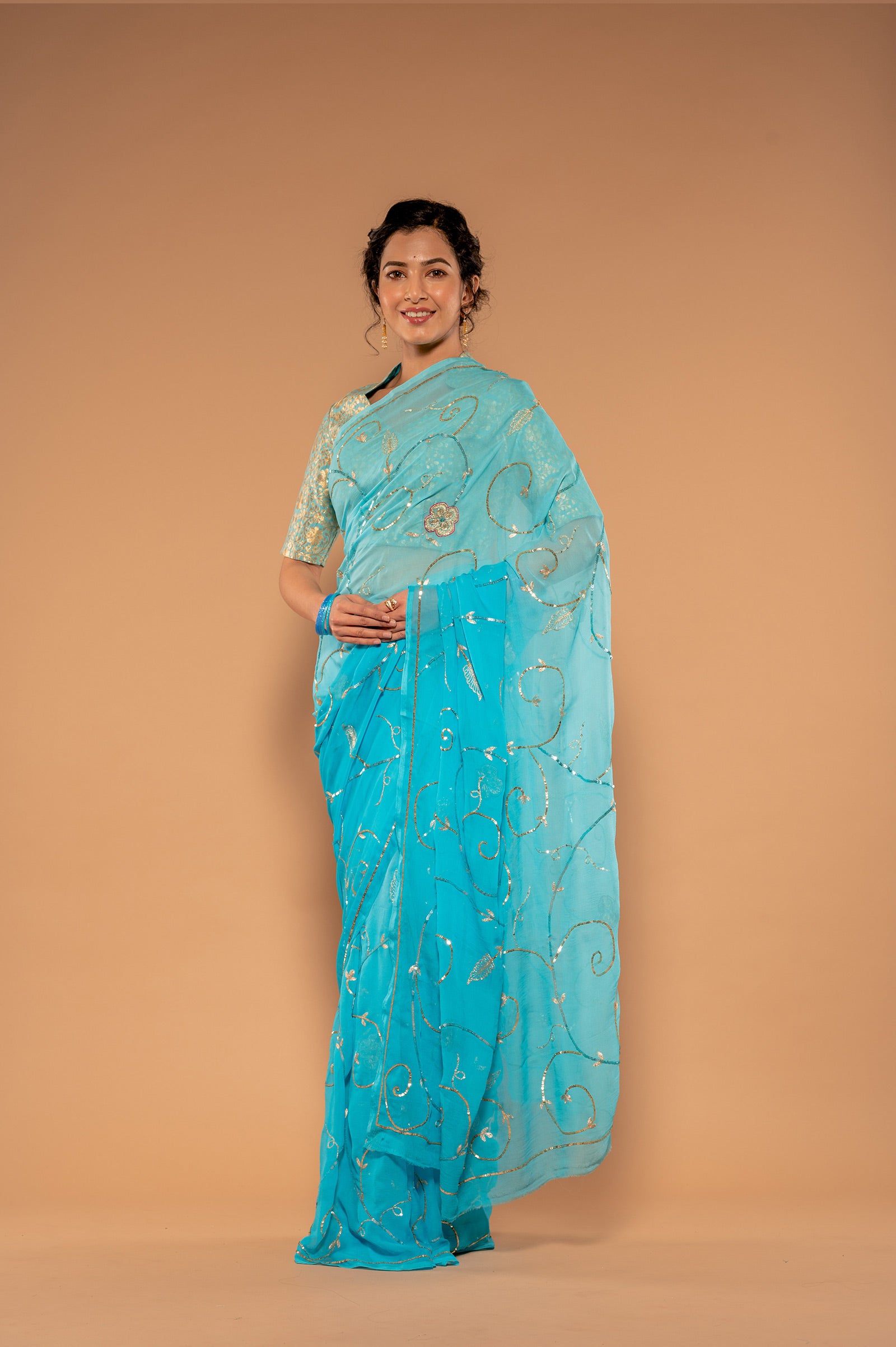 Sky Blue Viscose Chiffon Aari Sequnece jaal Handwork Saree