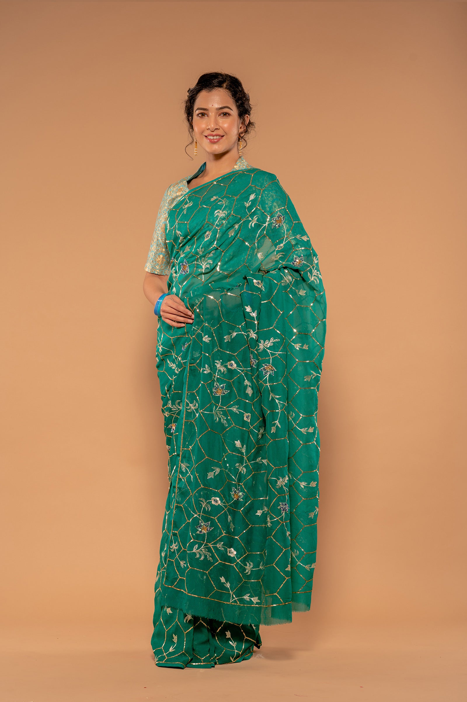 rama green Pure Chiffon aari sequins jaal handwork Saree