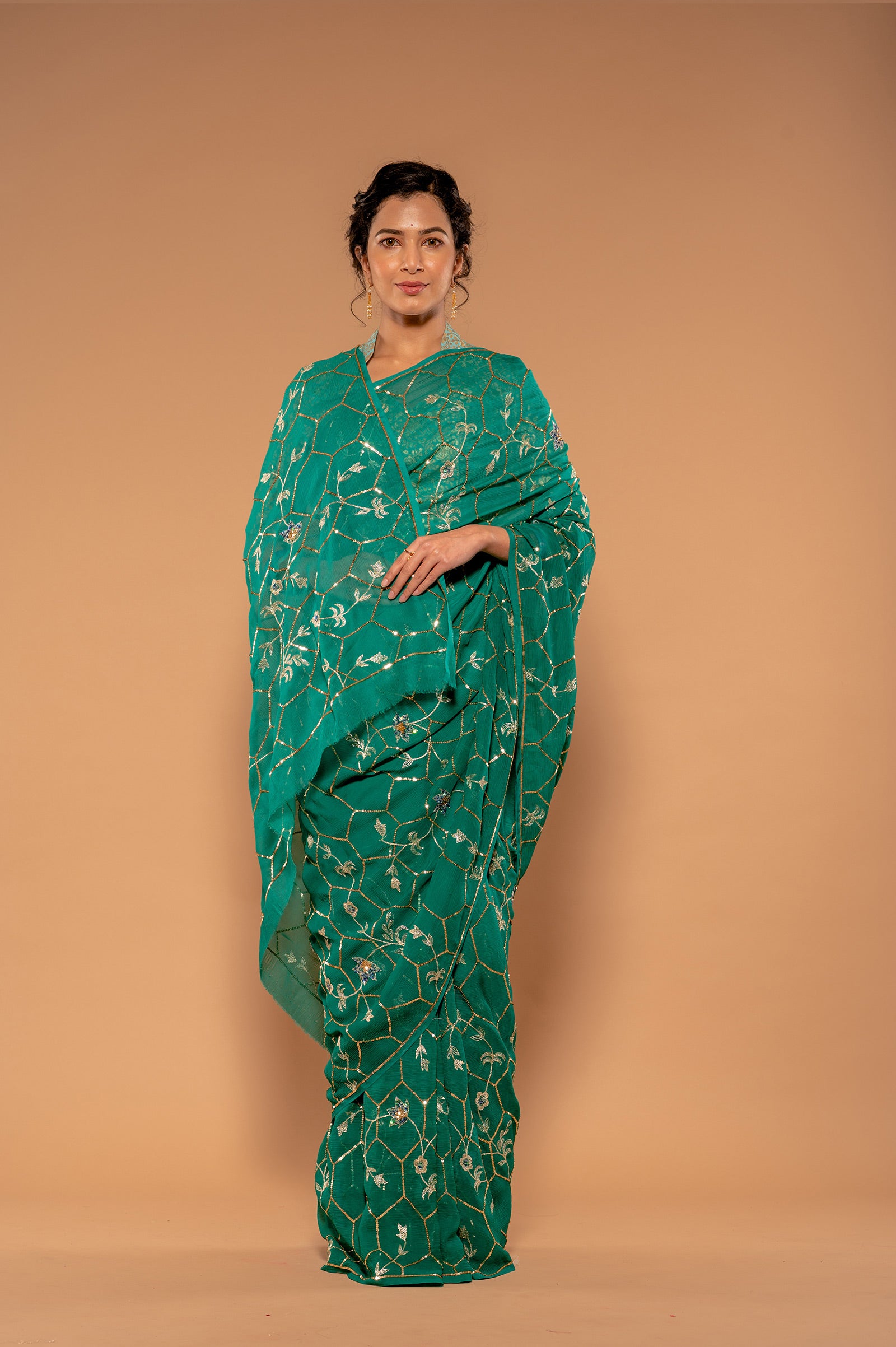 rama green Pure Chiffon aari sequins jaal handwork Saree