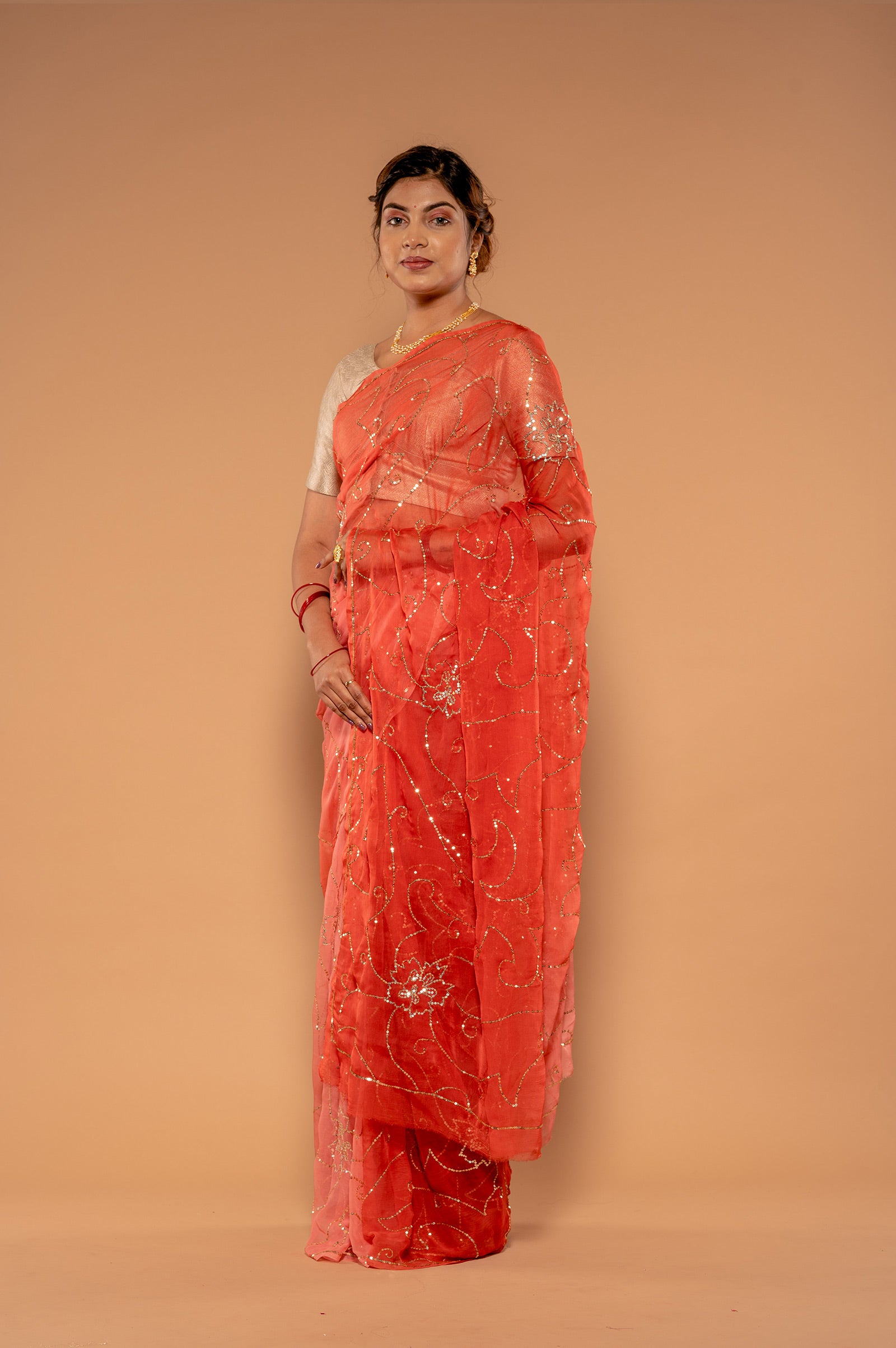 Orange Viscose Chiffon sequins Jaal Handwork Party wear Saree