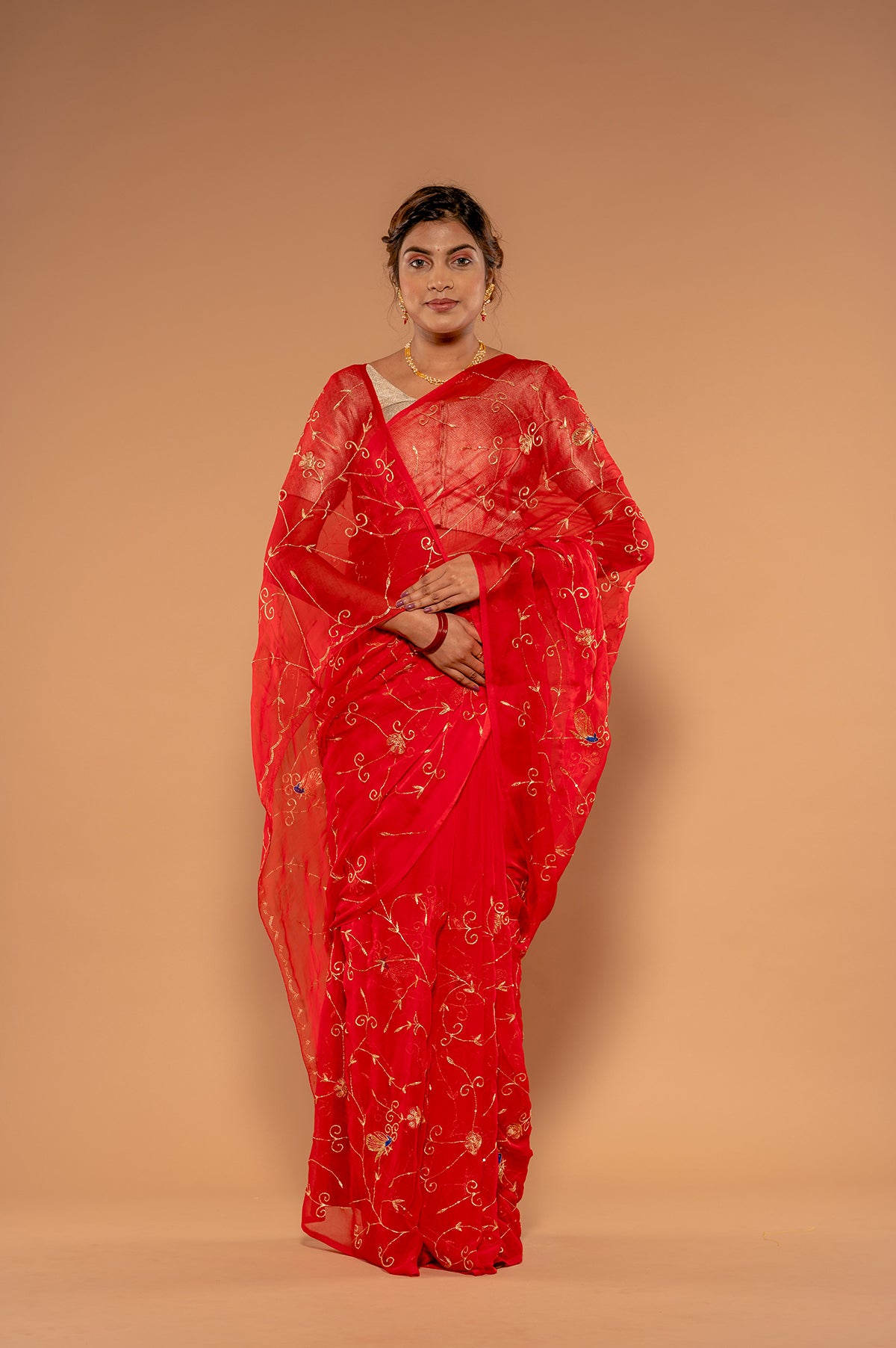Red Viscose Chiffon aari sequins jaal Handwork Saree