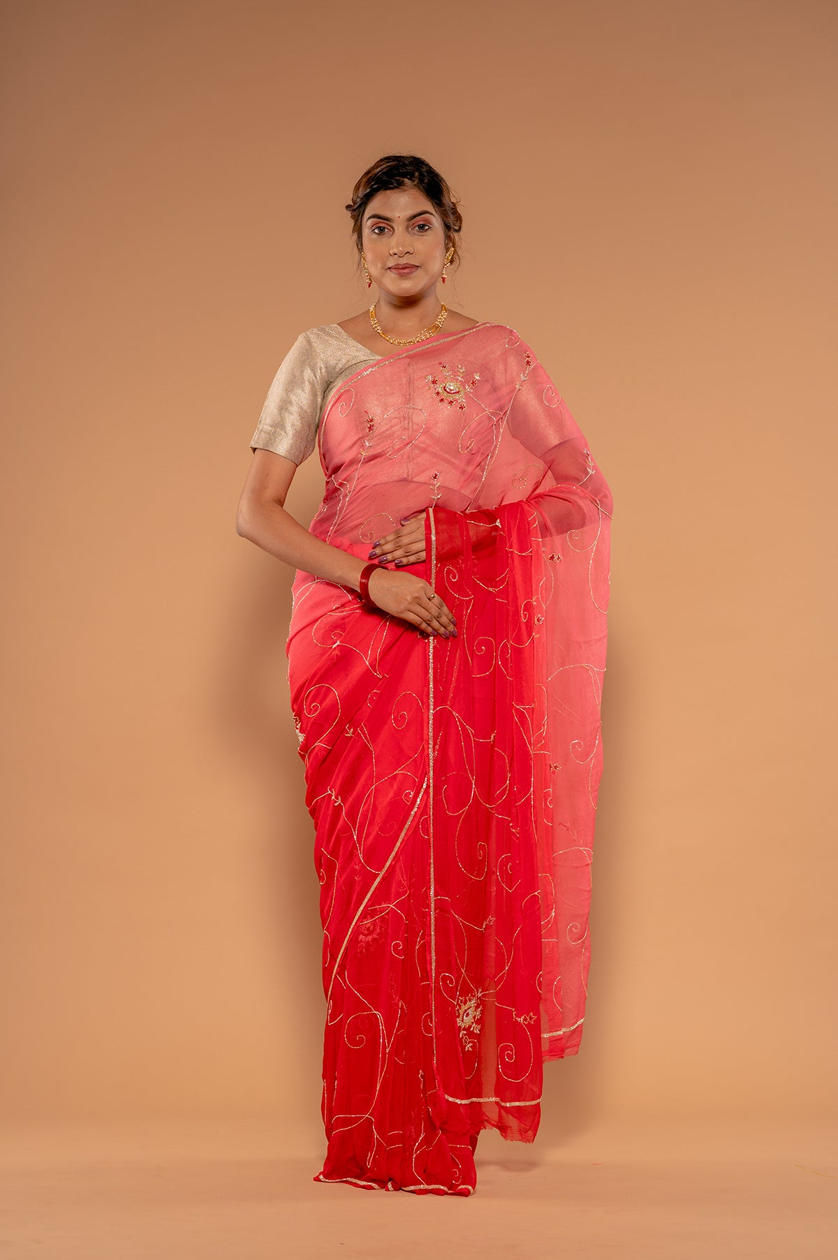 Gajri Shaded Viscose Chiffon Kardana jaal Handwork Saree