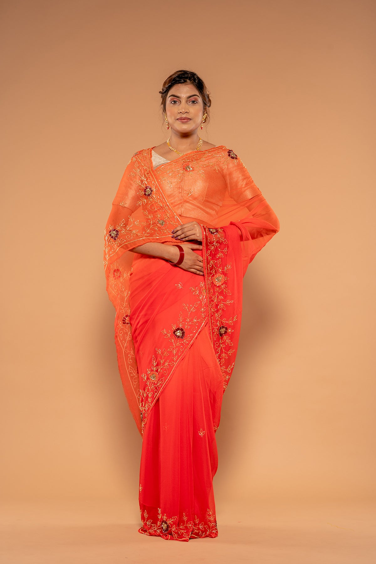 Orange Gajri Viscose Chiffon Kardana sequins Handwork Saree