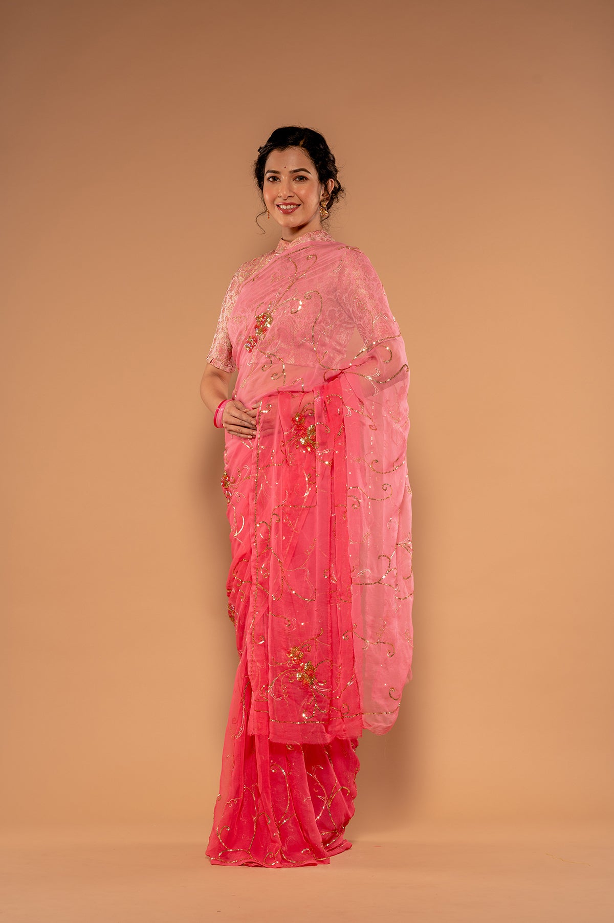 Gajpri Pink Viscose Chiffon Sequnce Jaal with Motif Handwork Saree