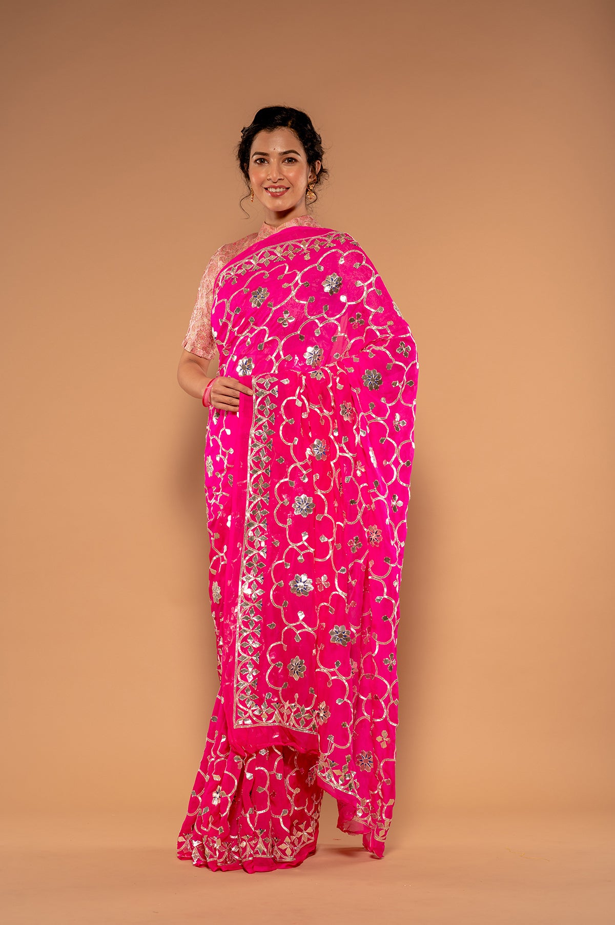 Neon Pink Pure Chiffon Gota patti work Handwork Saree