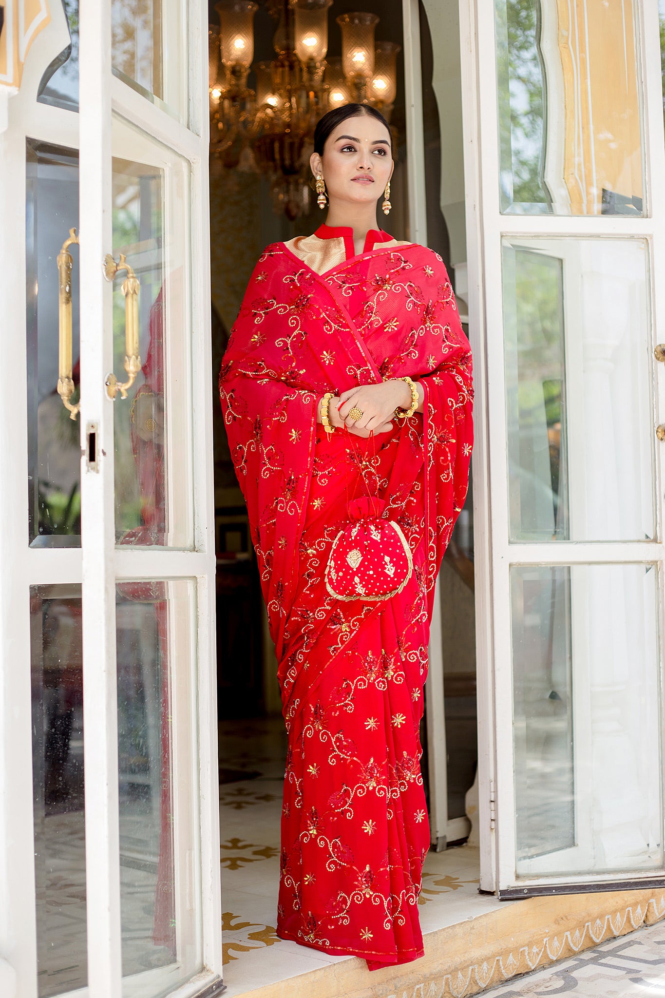 Red Pure Chiffon sequins Jaal handwork saree