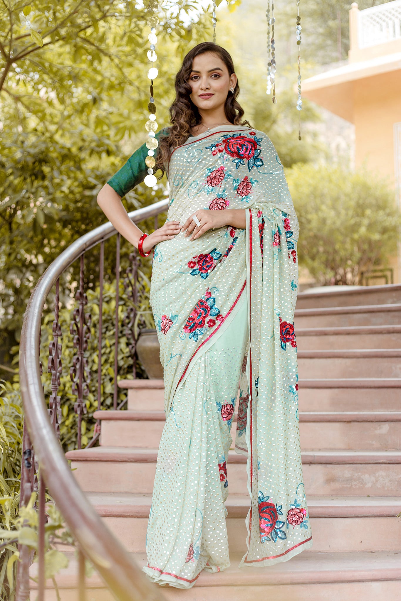 Sky Blue Pure Chiffon sequins border butti work handwork saree