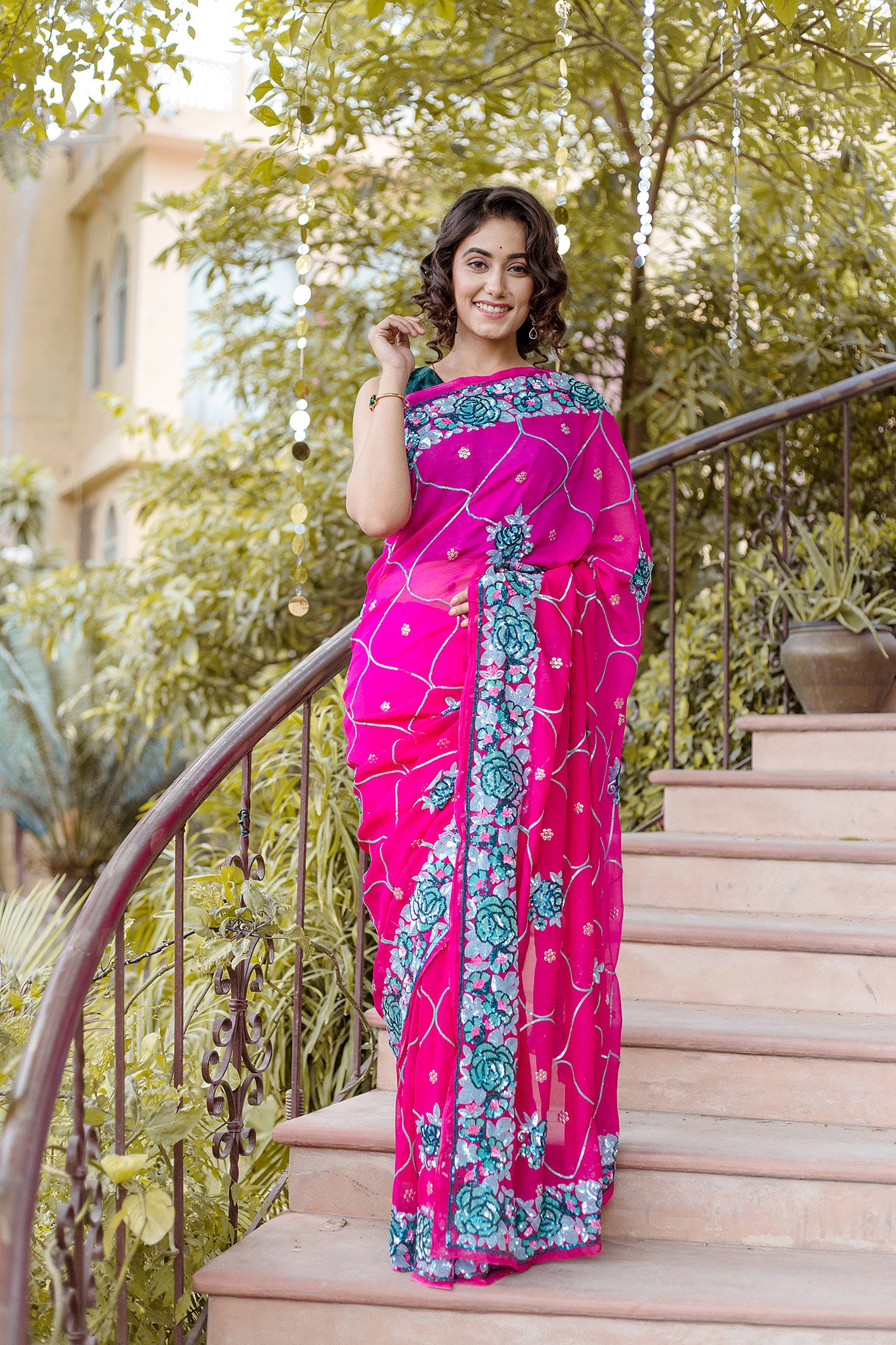 Rani Pure Chiffon sequins border butti jaal handwork saree