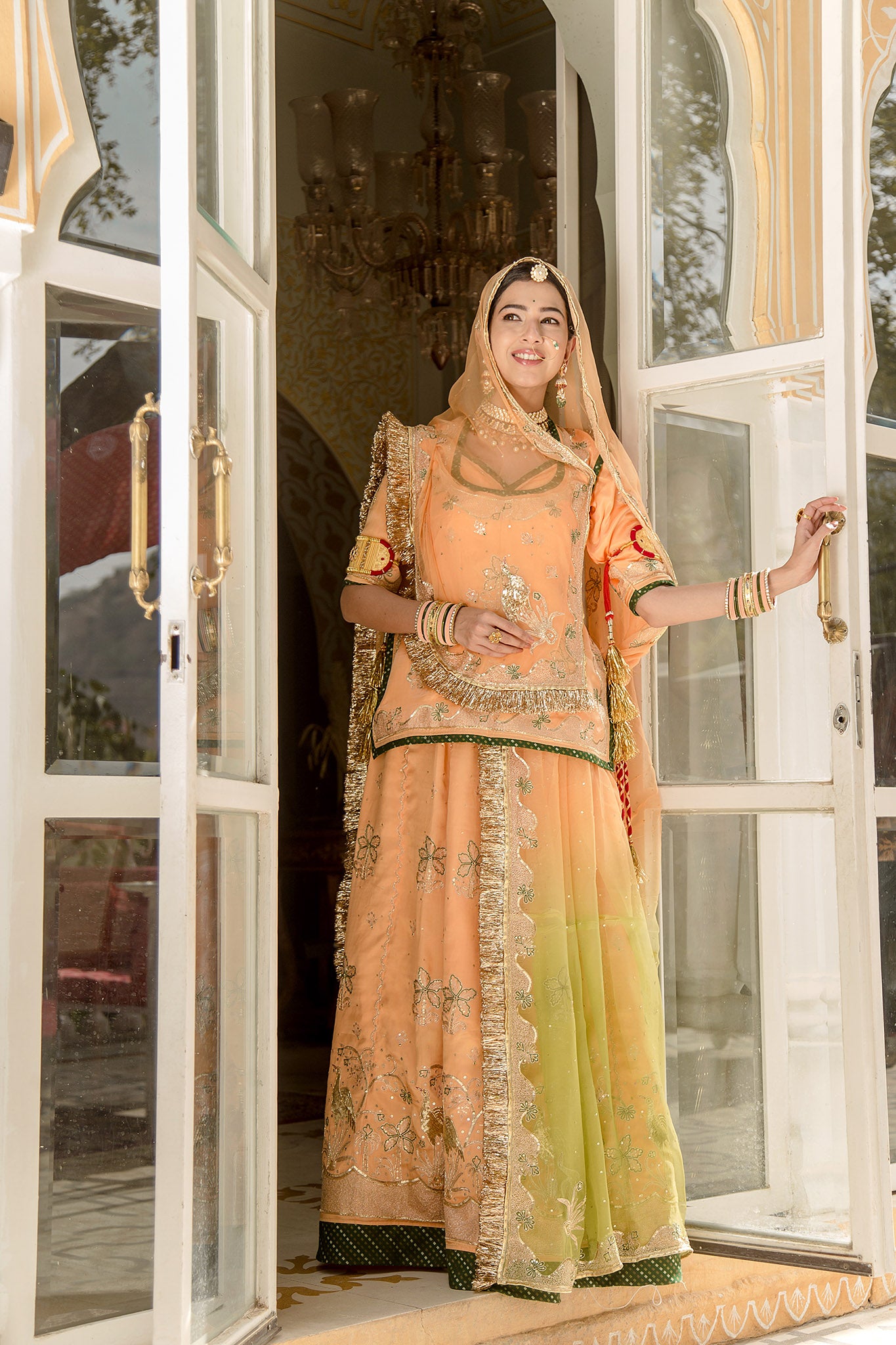 peach bamber satin aari sequins zardozi handwork poshak with pure odhna