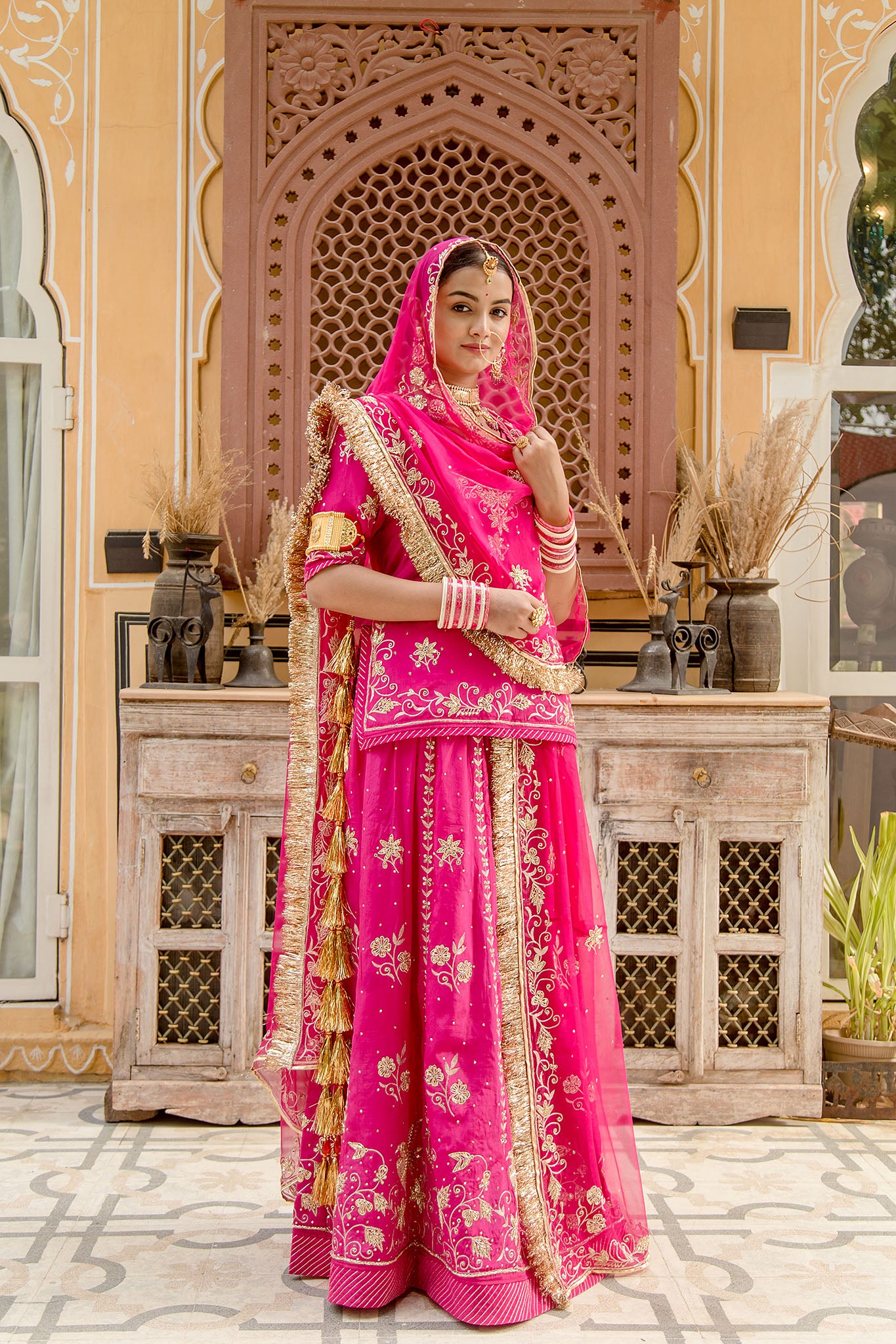 Rani bamber satin zardozi border butti handwork poshak with pure odhna