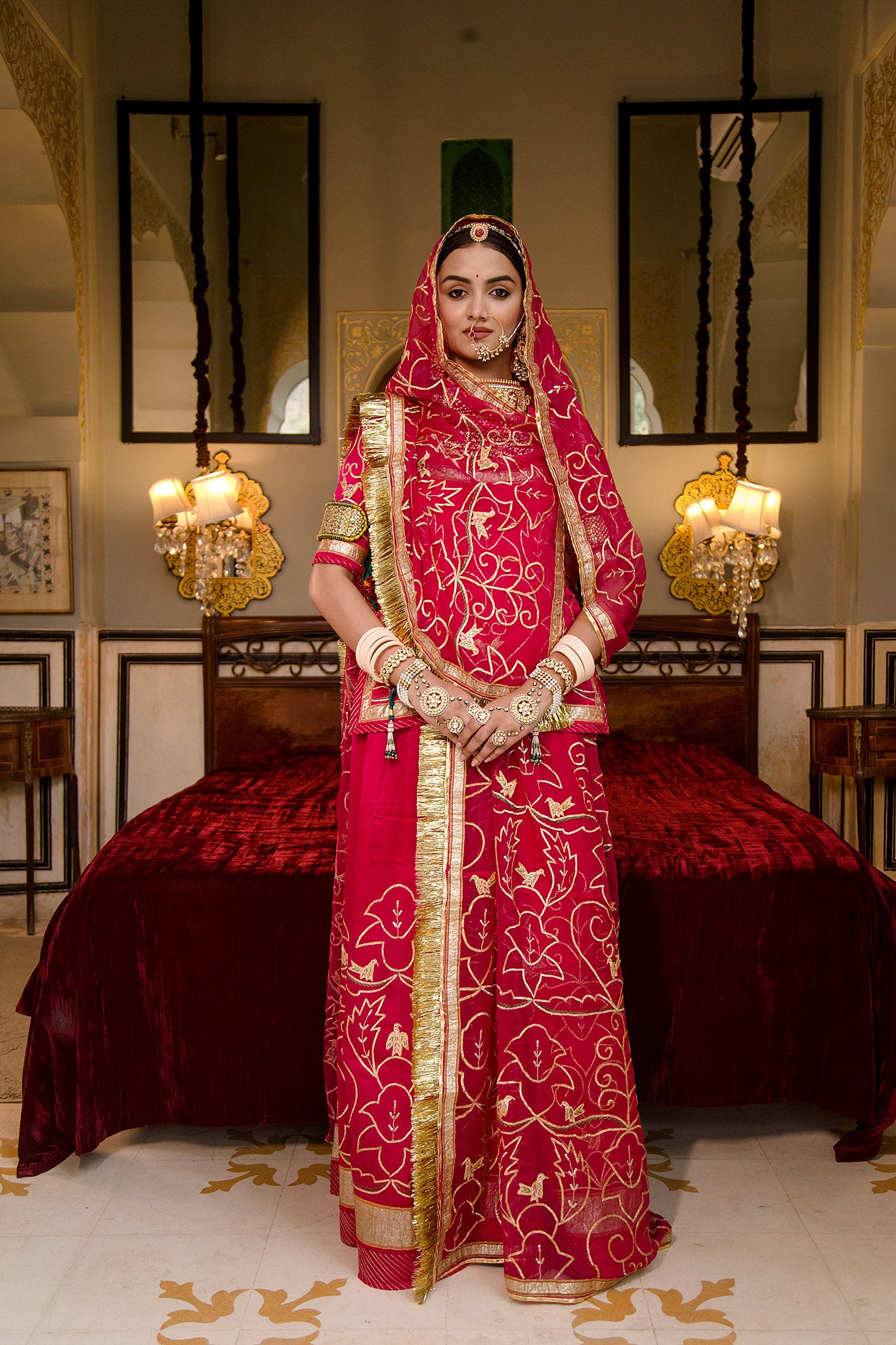 red pure silk Satin sikhiya jaal laffa handwork poshak with pure odhna