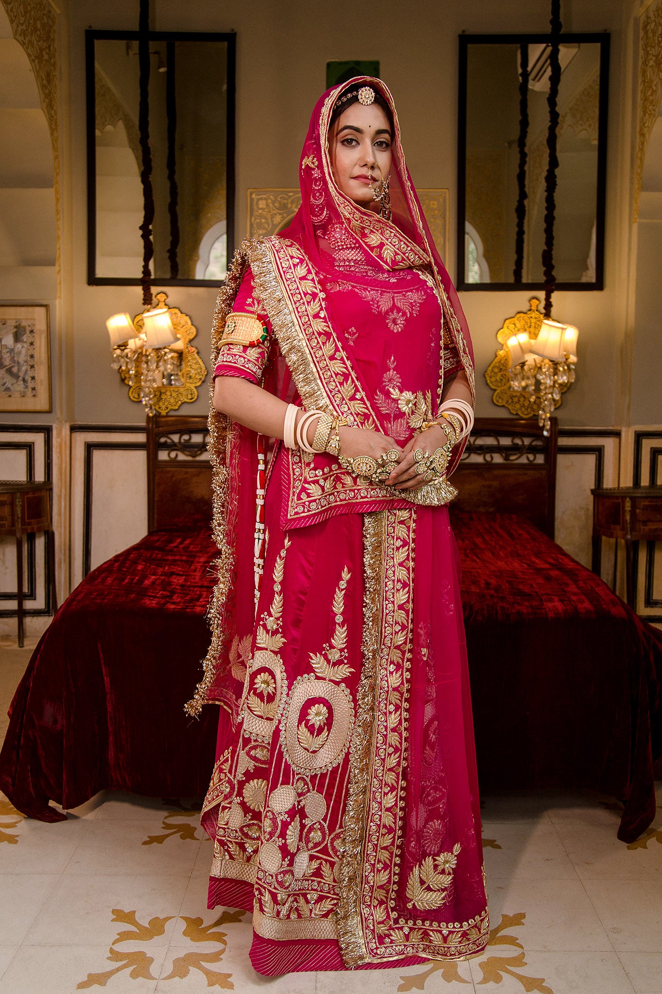 Rani pure silk Satin aari zardozi border butti handwork poshak with pure odhna