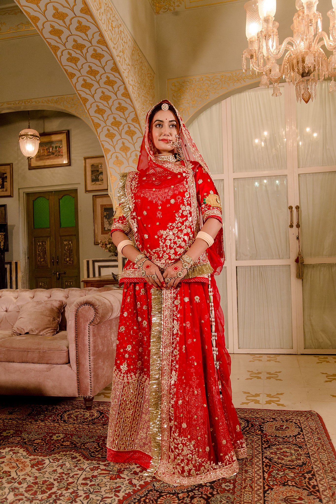 Red pure silk Satin zardozi border butti handwork poshak with pure odhna