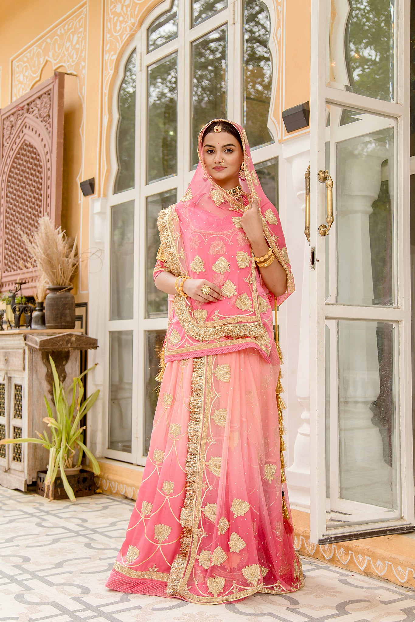 Pink light dark bamber satin sikhiya gota zardozi handwork poshak with pure odhna