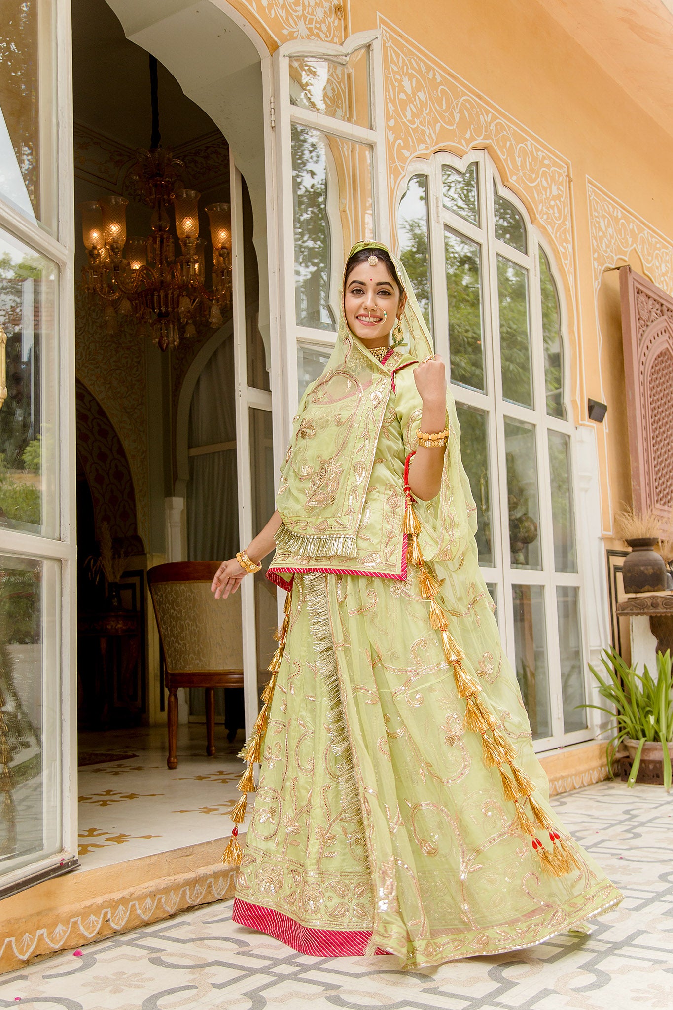 Pista green bamber satin zardozi sequins jaal handwork poshak with pure odhna