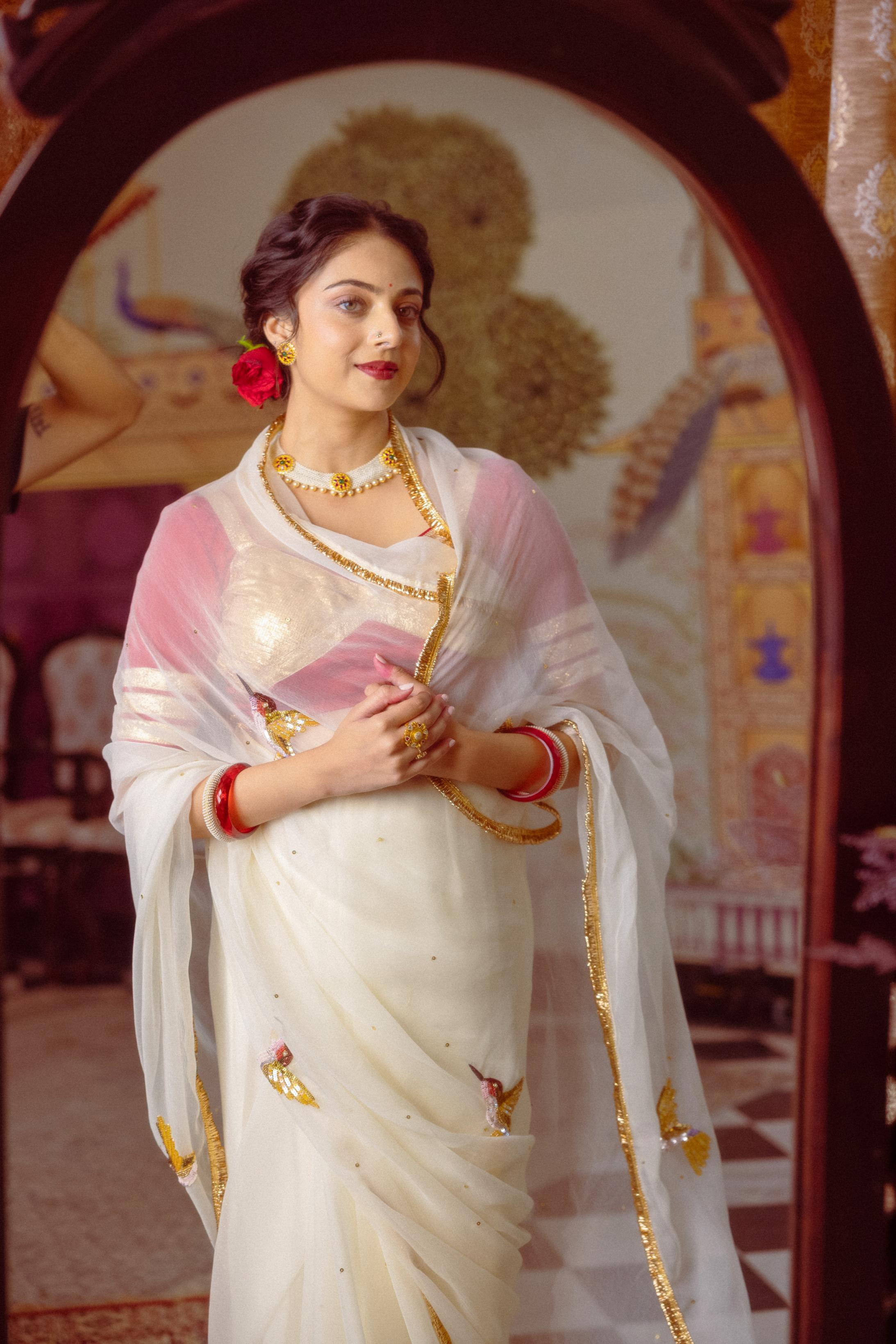 White Viscose Chiffon Aari Resham Sequins  Handwork    Saree