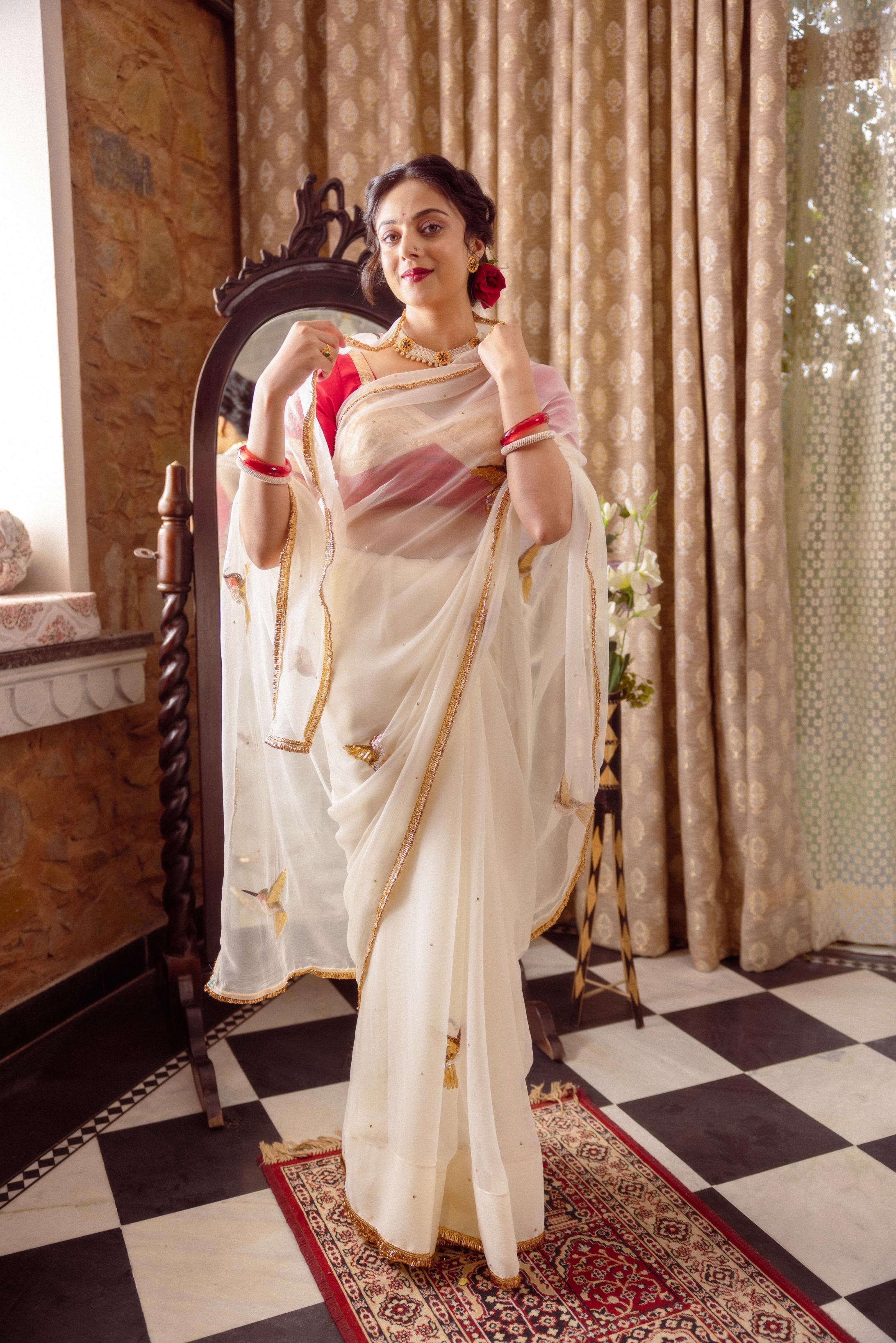 White Viscose Chiffon Aari Resham Sequins  Handwork    Saree