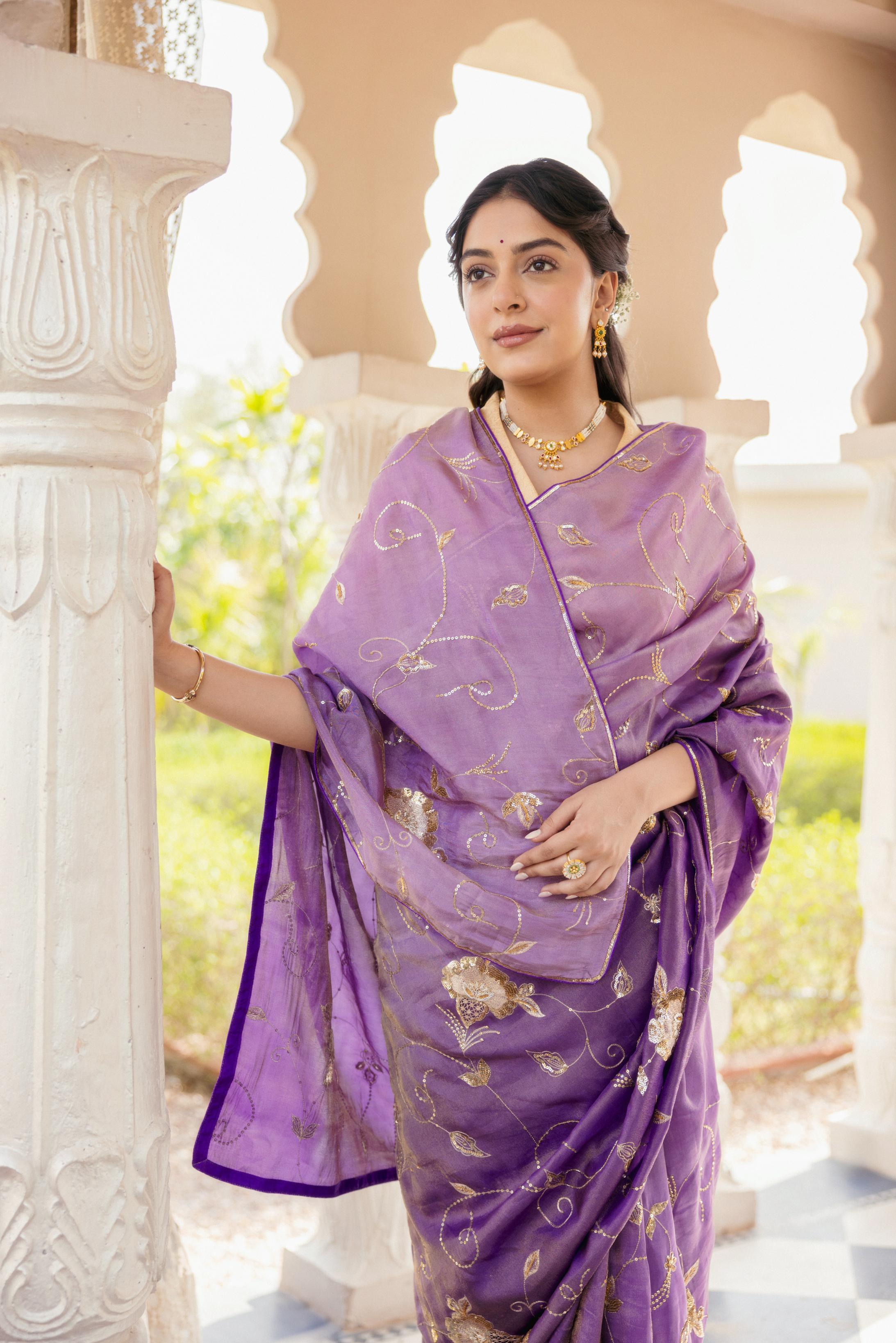 Purple Tissue Aari Tari Jaal work Saree Handwork   Saree