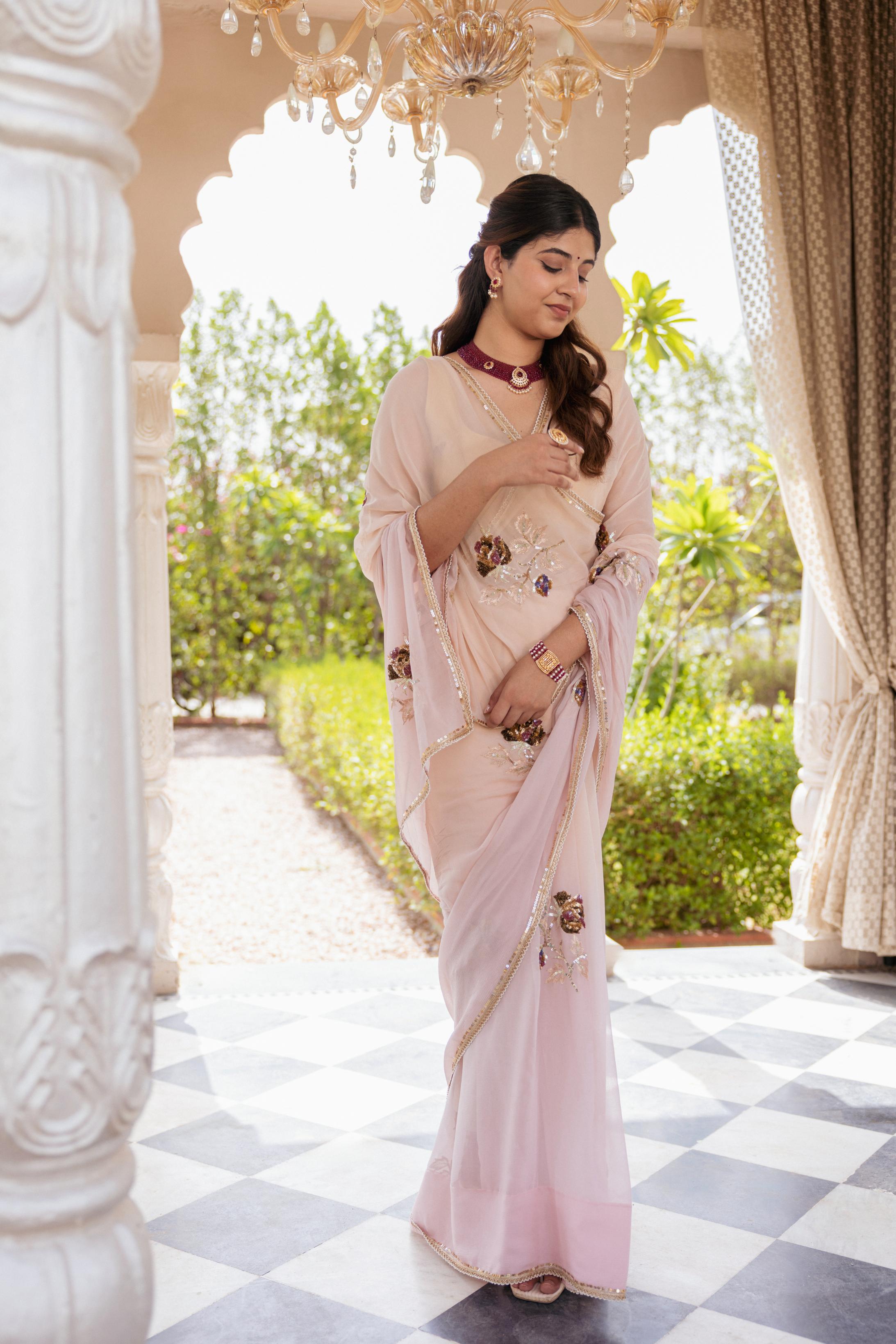 Baby Pink Pure Chiffon Aari Sequins Motif  Handwork   Saree