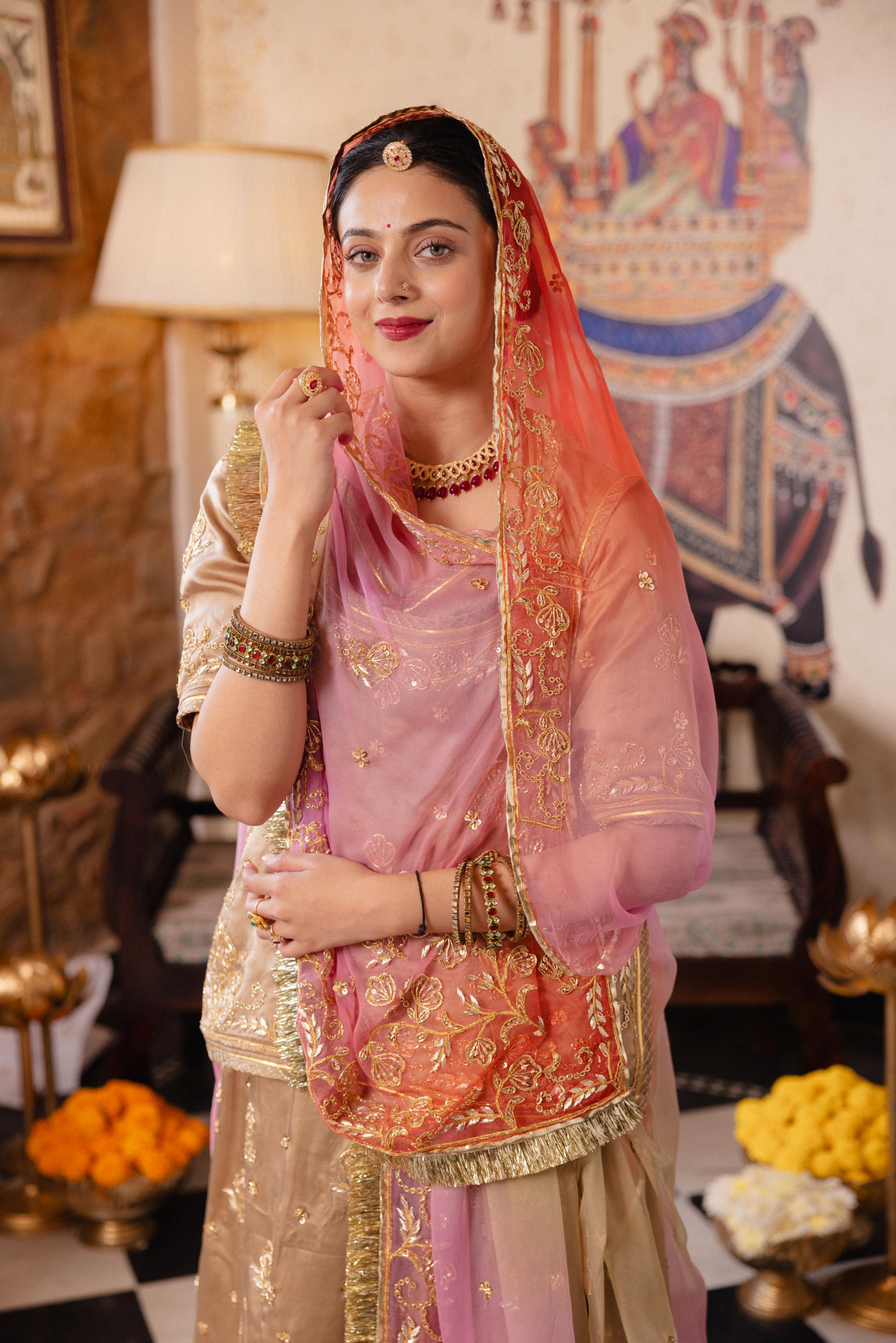 Chikku Bamber Satin  Dori Zardozi  Handwork   Poshak (Unstitched)