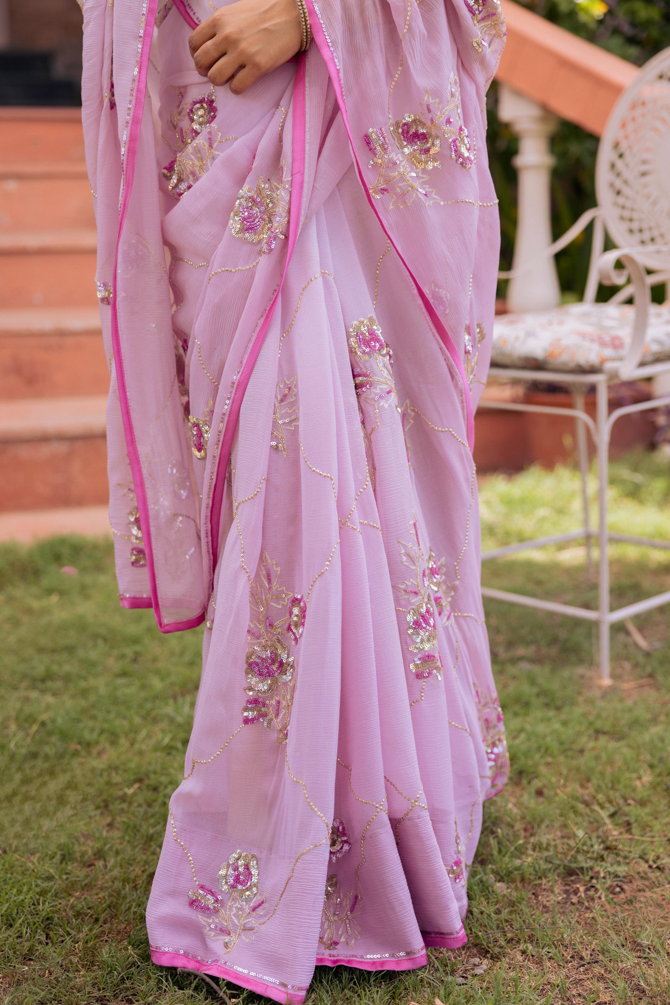 Lavender  Pure Chiffon Aari Katori Jaal  Handwork   Saree
